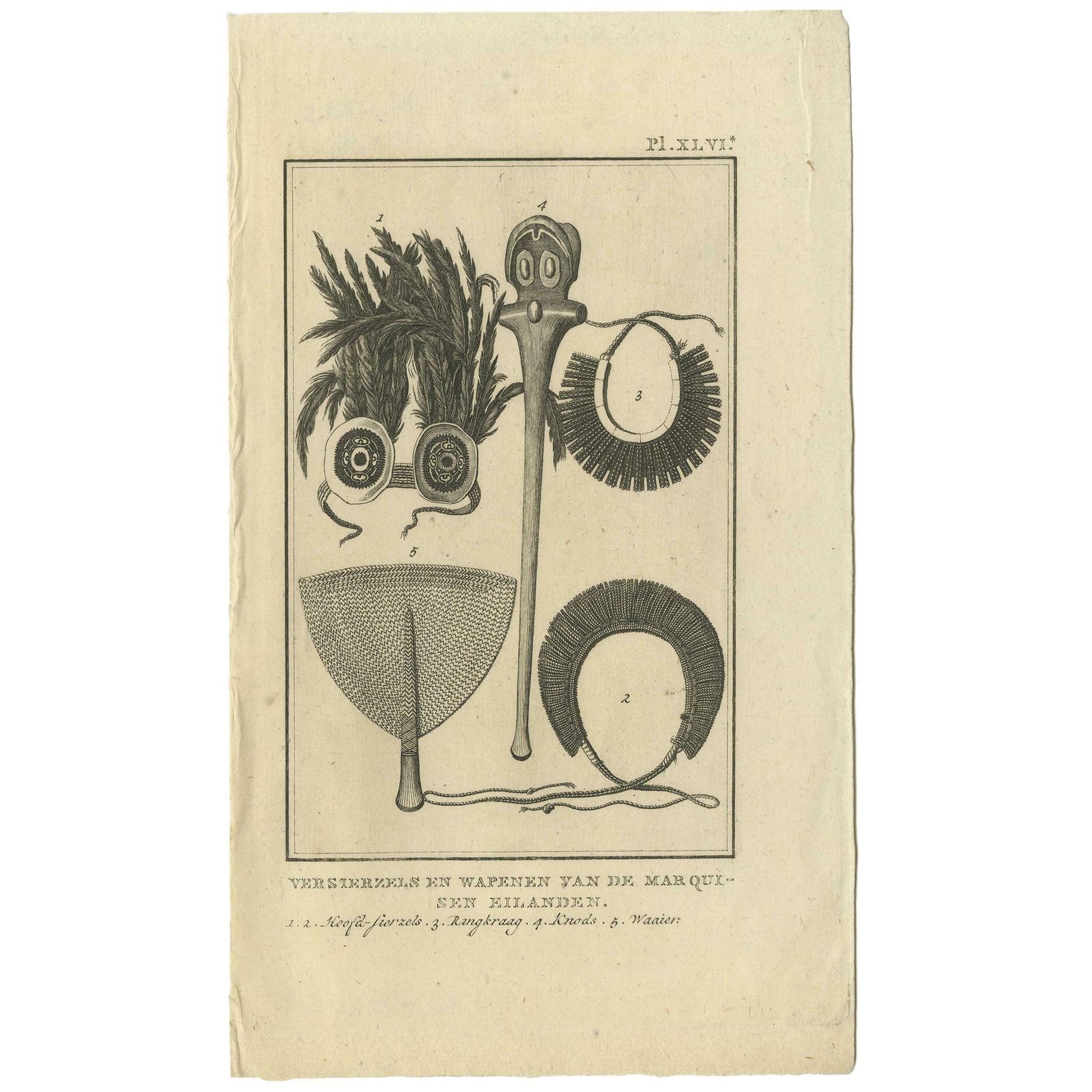 Antique Print Depicting Weapon Decorations Of The Marquesas By Cook '1803'