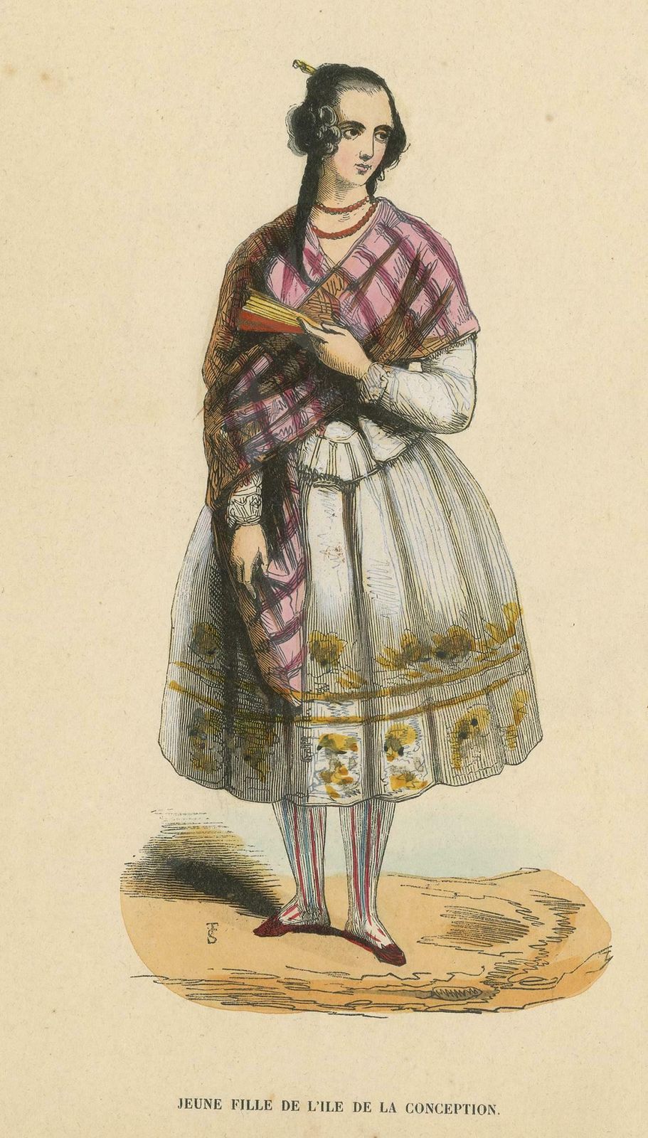 Antique Costume Print Of Young Lady Of Conception Island By Wahlen, 1843 photo Art