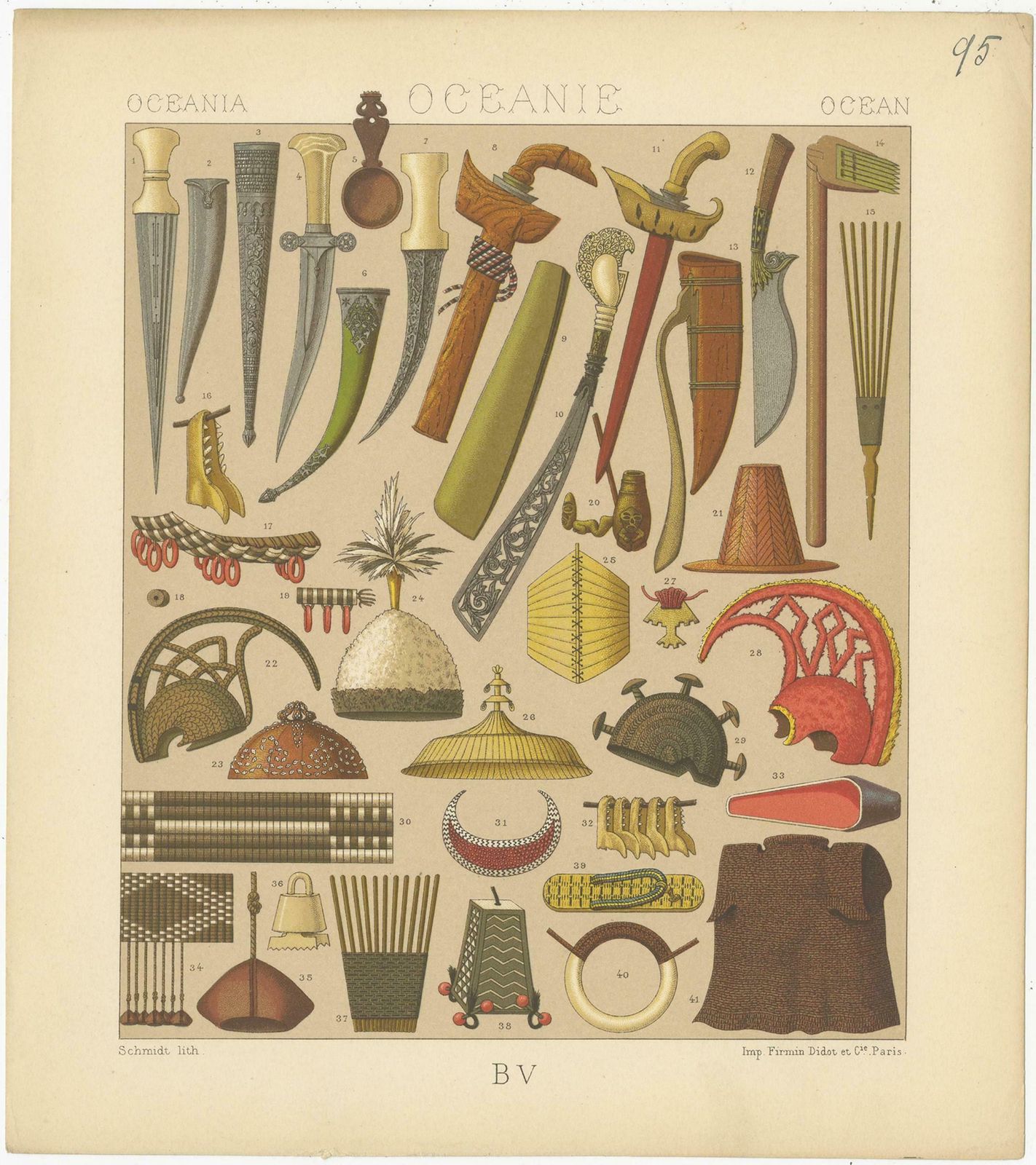 Pl. 95 Antique Print Of Oceanian Decorative Objects By Racinet, 'Circa 1880' photo furniture