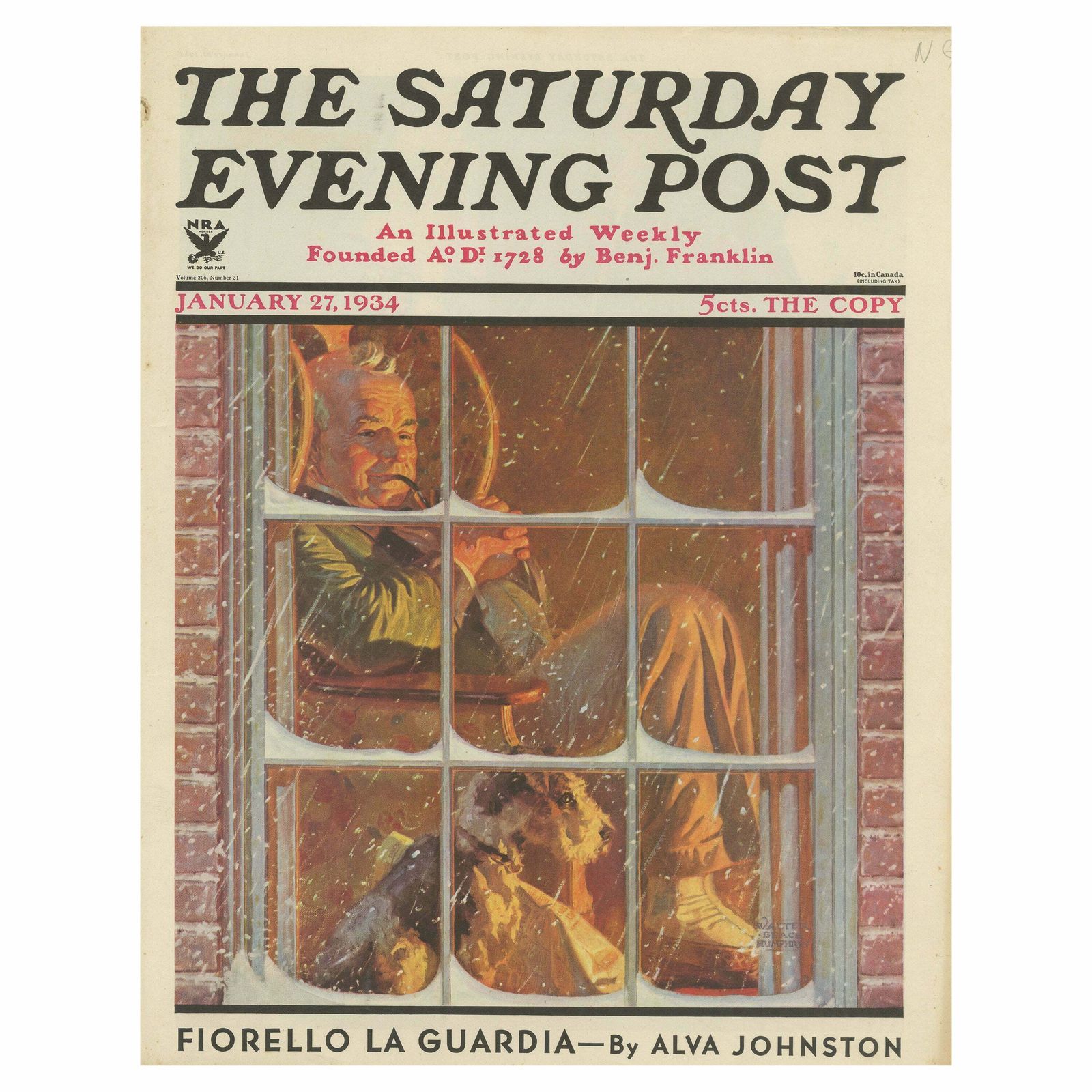 Vintage Print Of A Man And Dog Sitting By The Fire 'The Saturday Evening Post'