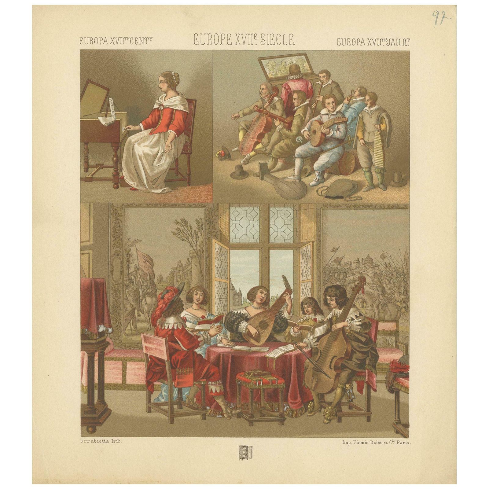 Pl. 97 Antique Print Of European Xviith Century Music Scenes By Racinet
