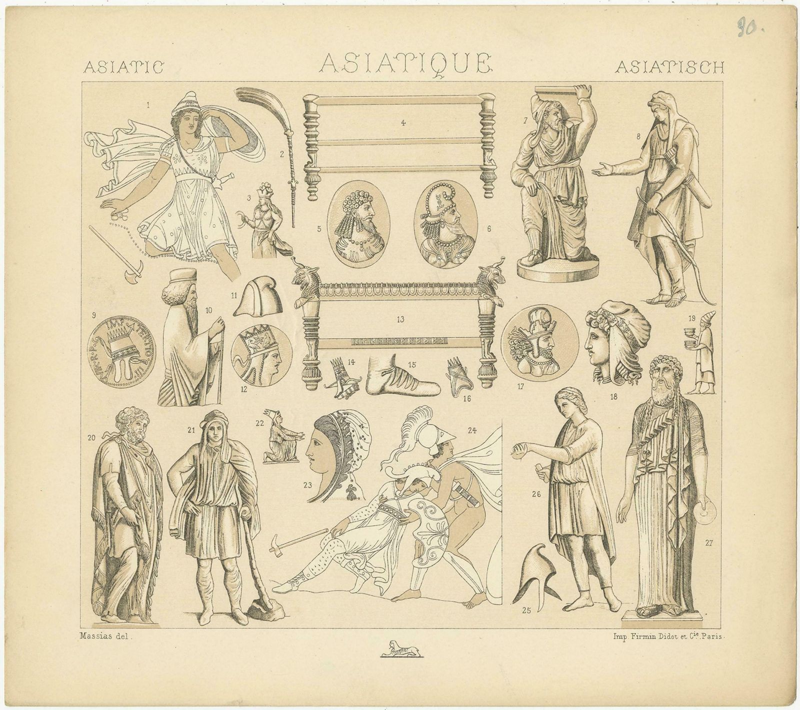Pl. 30 Antique Print Of Asiatic Decorative Objects By Racinet, 'Circa 1880' photo for sale