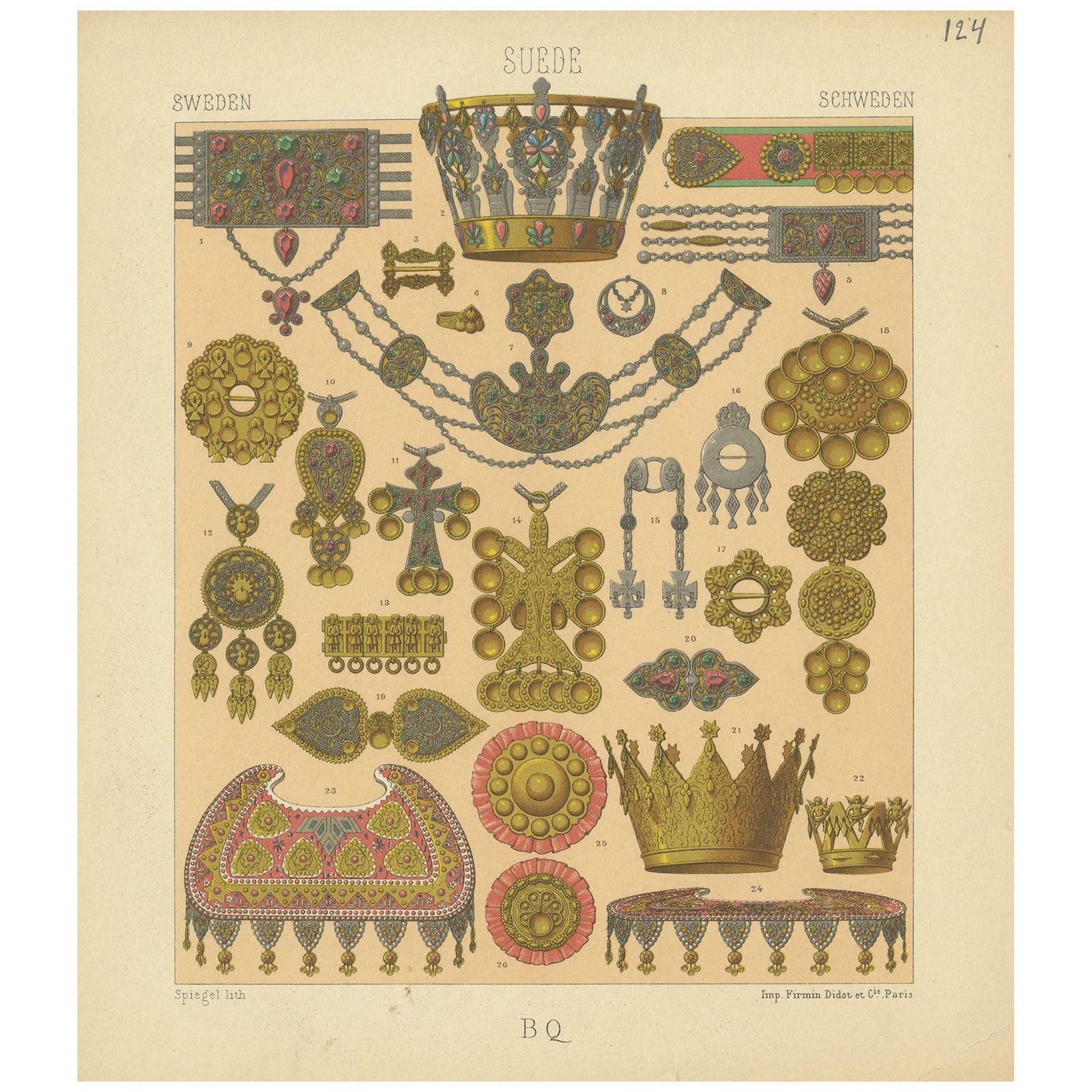 Pl. 124 Antique Print Of Swedish Jewelry Of Racinet, 'Circa 1880'
