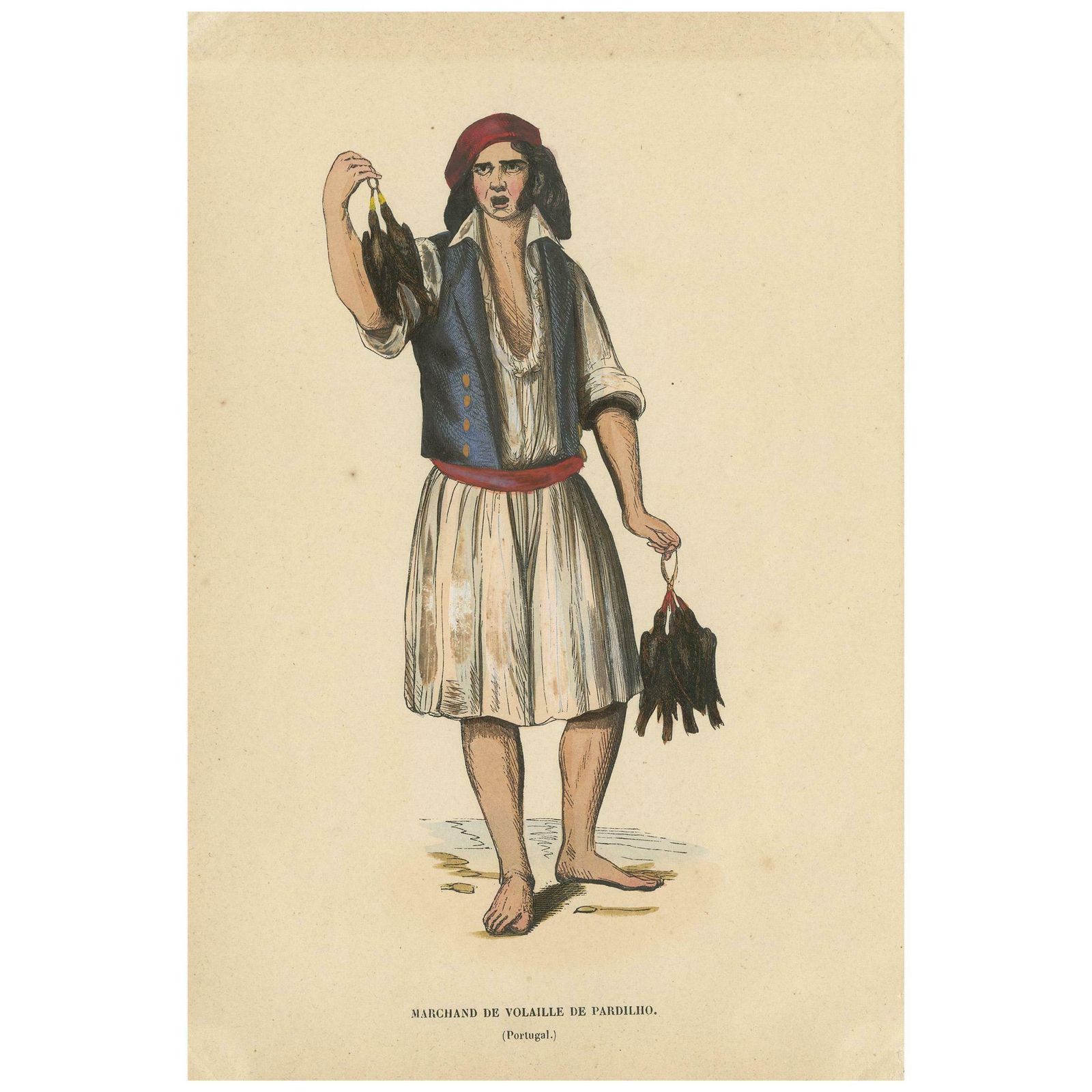 Antique Costume Print Of A Poultry Merchant From Portugal By Wahlen, 1843