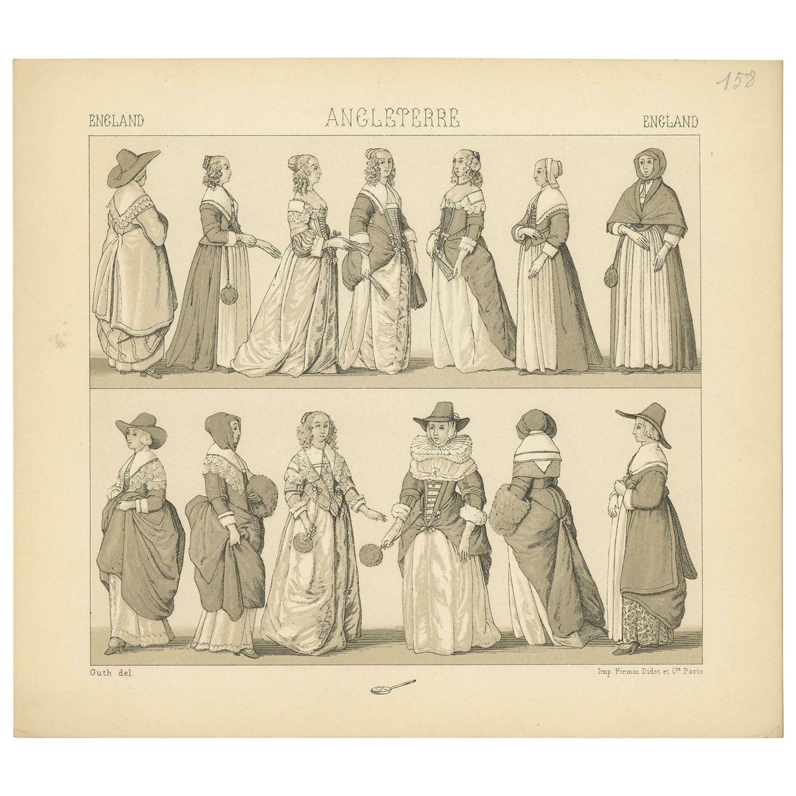 Pl. 158 Antique Print Of English Dresses By Racinet, 'Circa 1880'