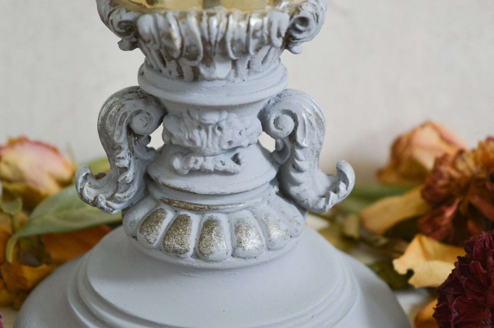 Rare Vintage French Style Large Grey Table Lamp, Ornate Scrolling Acanthus Leaves, Hand Painted Night Light With In Line Switch photo vinterior