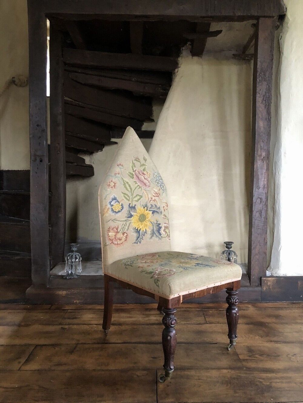 Rare Gothic Orginal Pointed Arch Antique Rosewood Needlework Tapestry Floral Chair