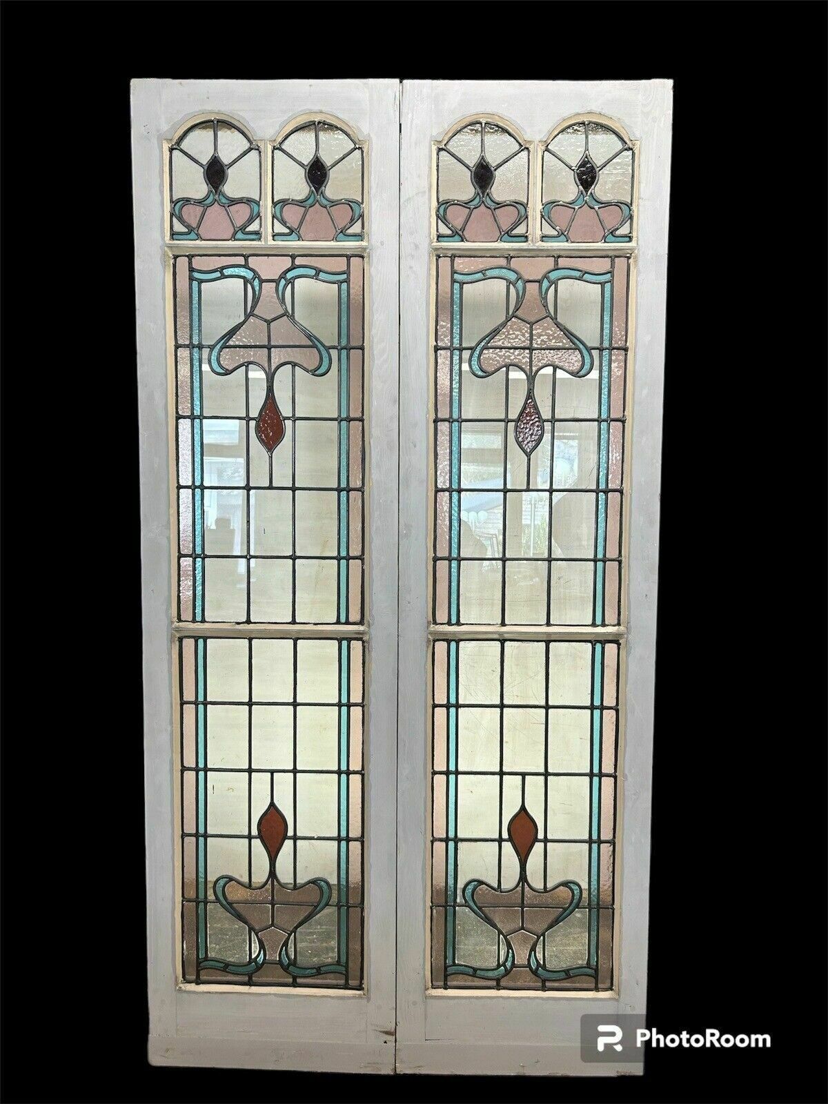 photo for sale Edwardian Stained Glass Doors Antique Period Reclaimed Old French Double Leaded