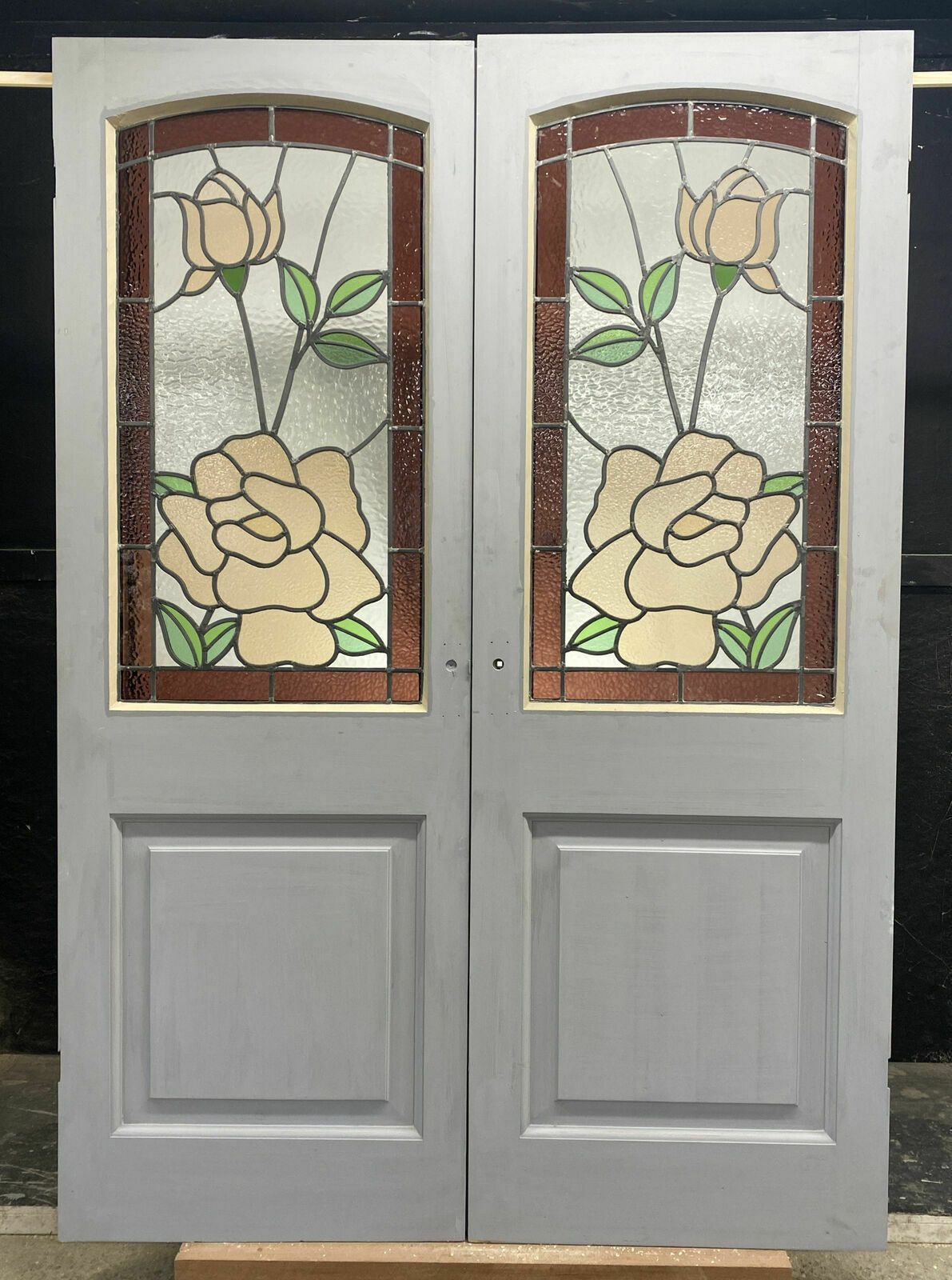 Edwardian Stained Glass French Doors Antique Period Reclaimed Old Leaded Pine photo vintage