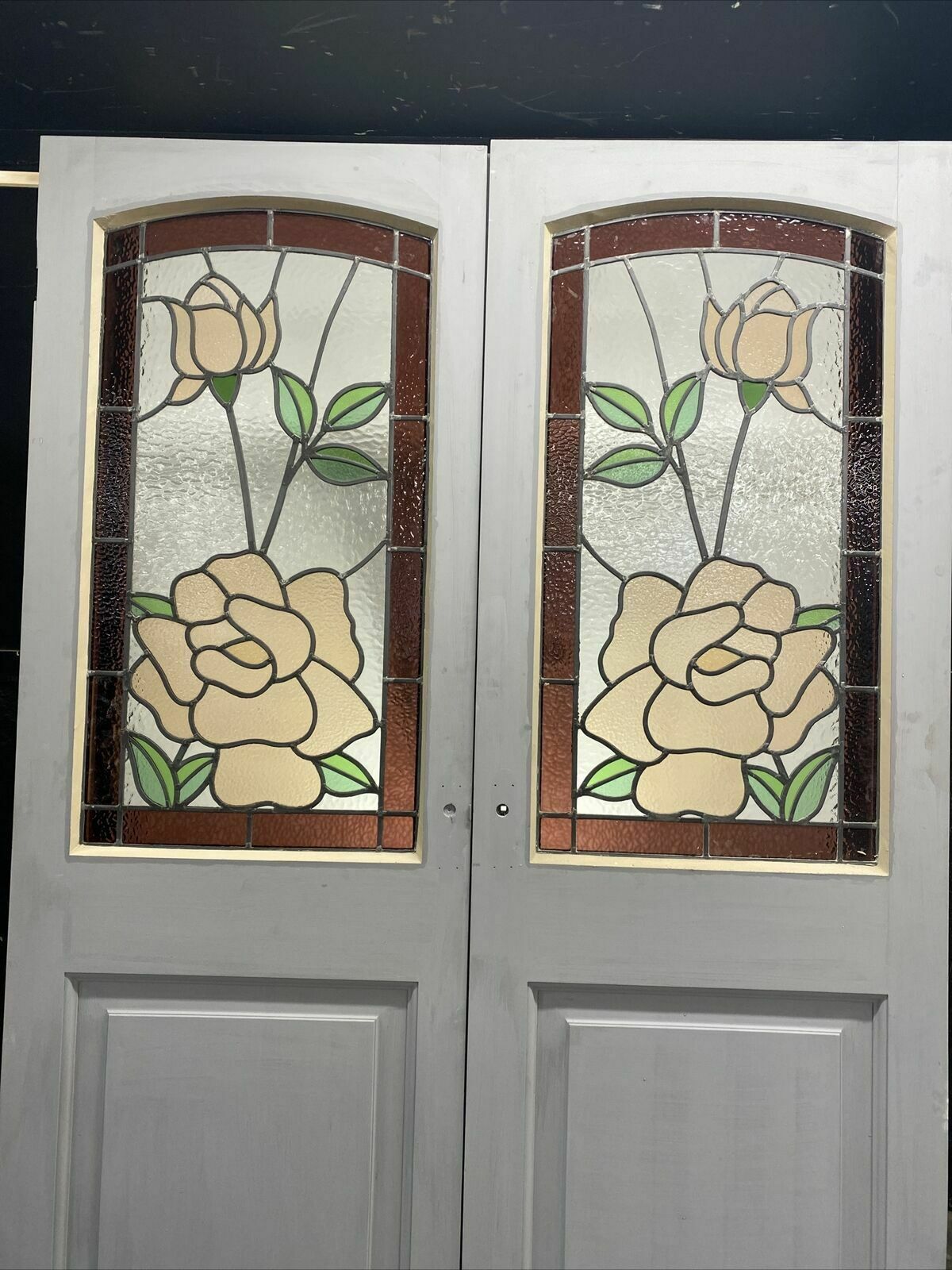 photo furniture Edwardian Stained Glass French Doors Antique Period Reclaimed Old Leaded Pine