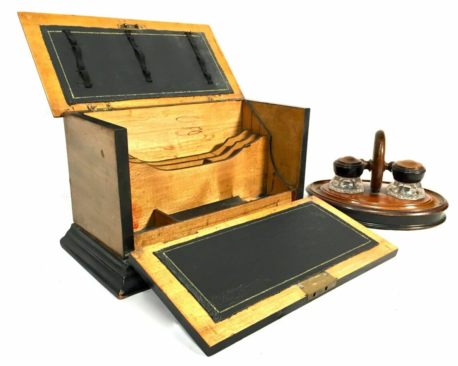 Antique Wooden Stationery Box & Inkwell Stand Set Letter Desktop Tidy / Cabinet photo furniture