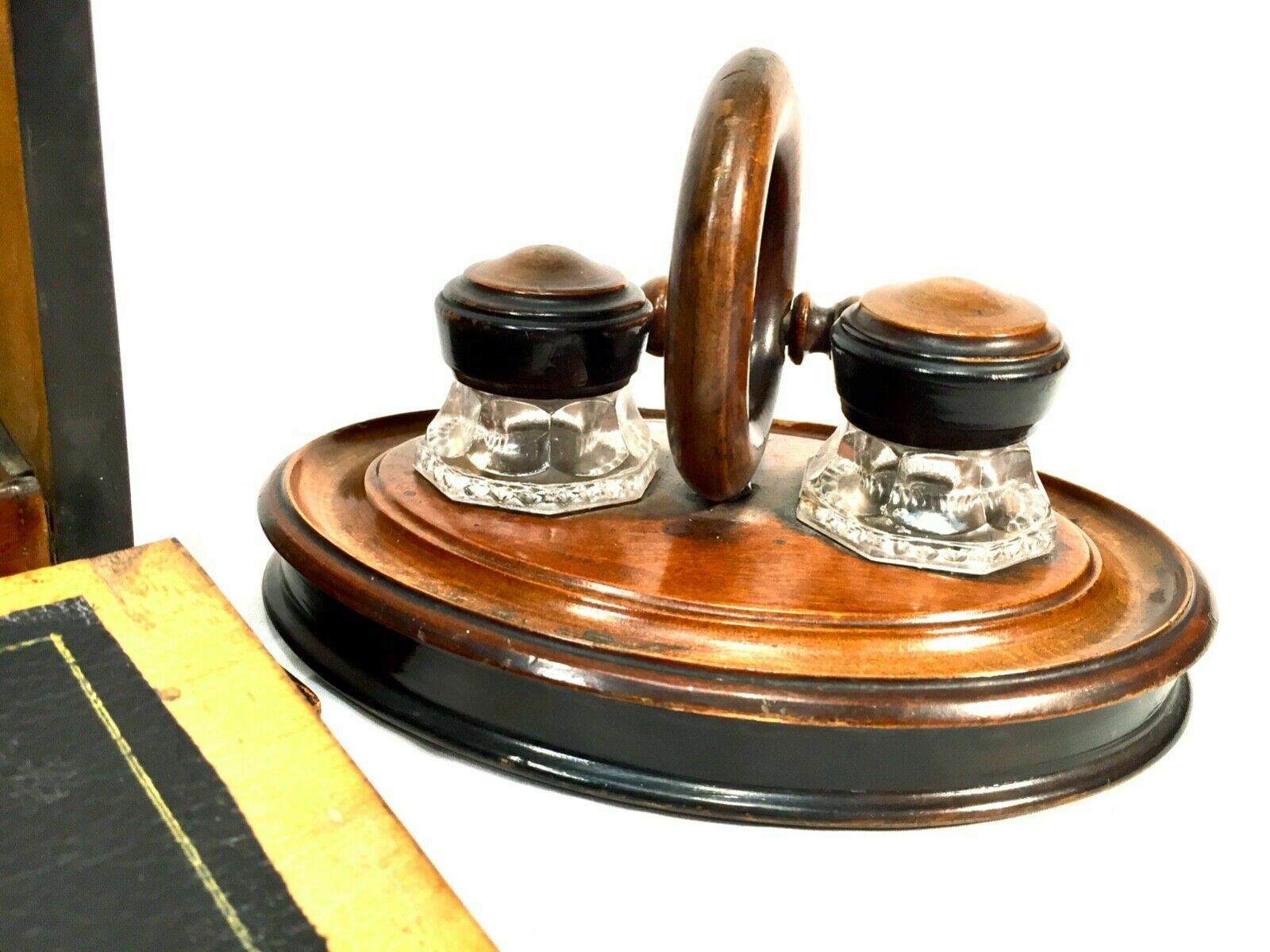 Antique Wooden Stationery Box & Inkwell Stand Set Letter Desktop Tidy / Cabinet photo for sale