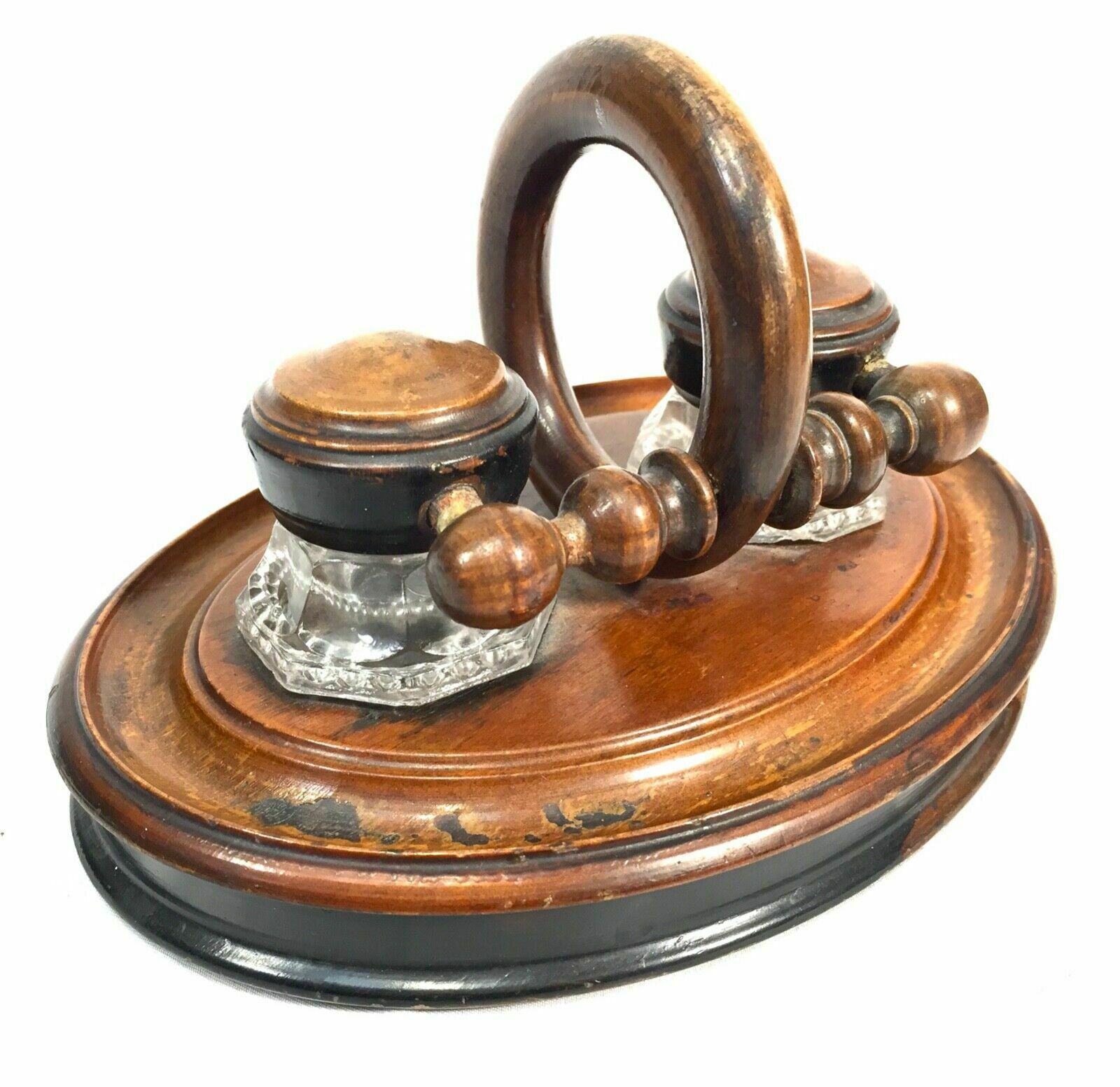 165.0 Antique Wooden Stationery Box & Inkwell Stand Set Letter Desktop Tidy / Cabinet photo