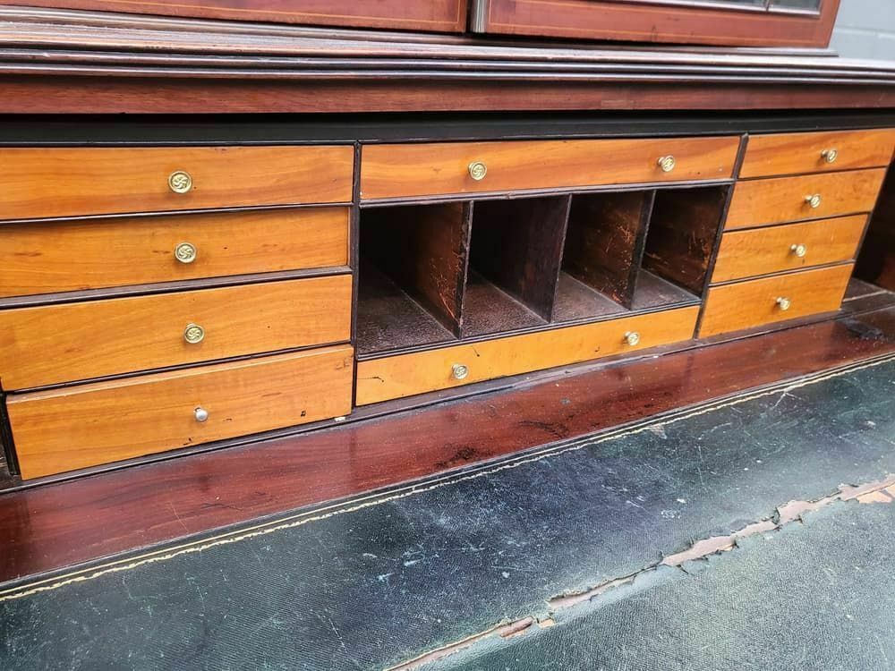 Antique Georgian Inlaid Mahogany Large Secretaire Bookcase Splayed Legs Drawers photo Furniture