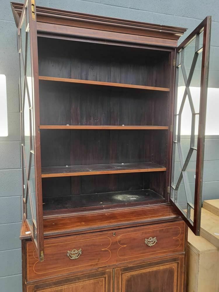 photo furniture Antique Georgian Inlaid Mahogany Large Secretaire Bookcase Splayed Legs Drawers