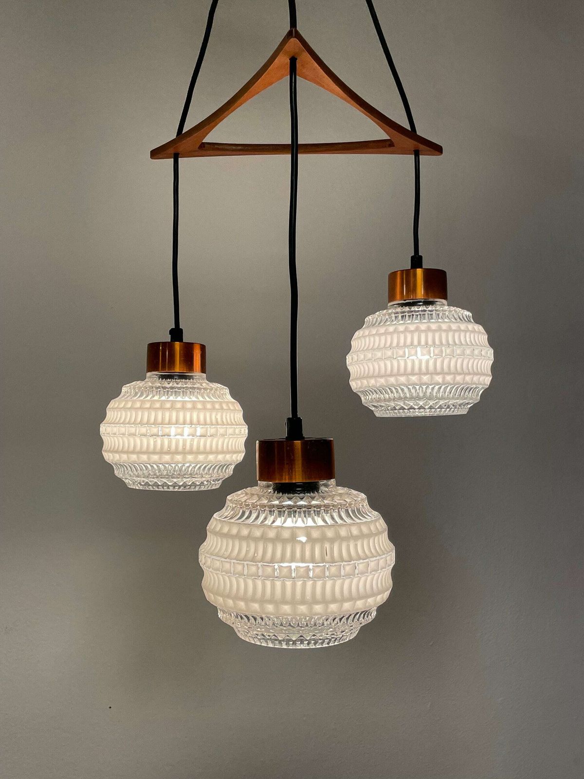 Danish Mid Century Modern Exclusive Vintage Tripple Glass And Wood Ceiling Lamp With Elegant Details And Gorgeous Design photo Lighting