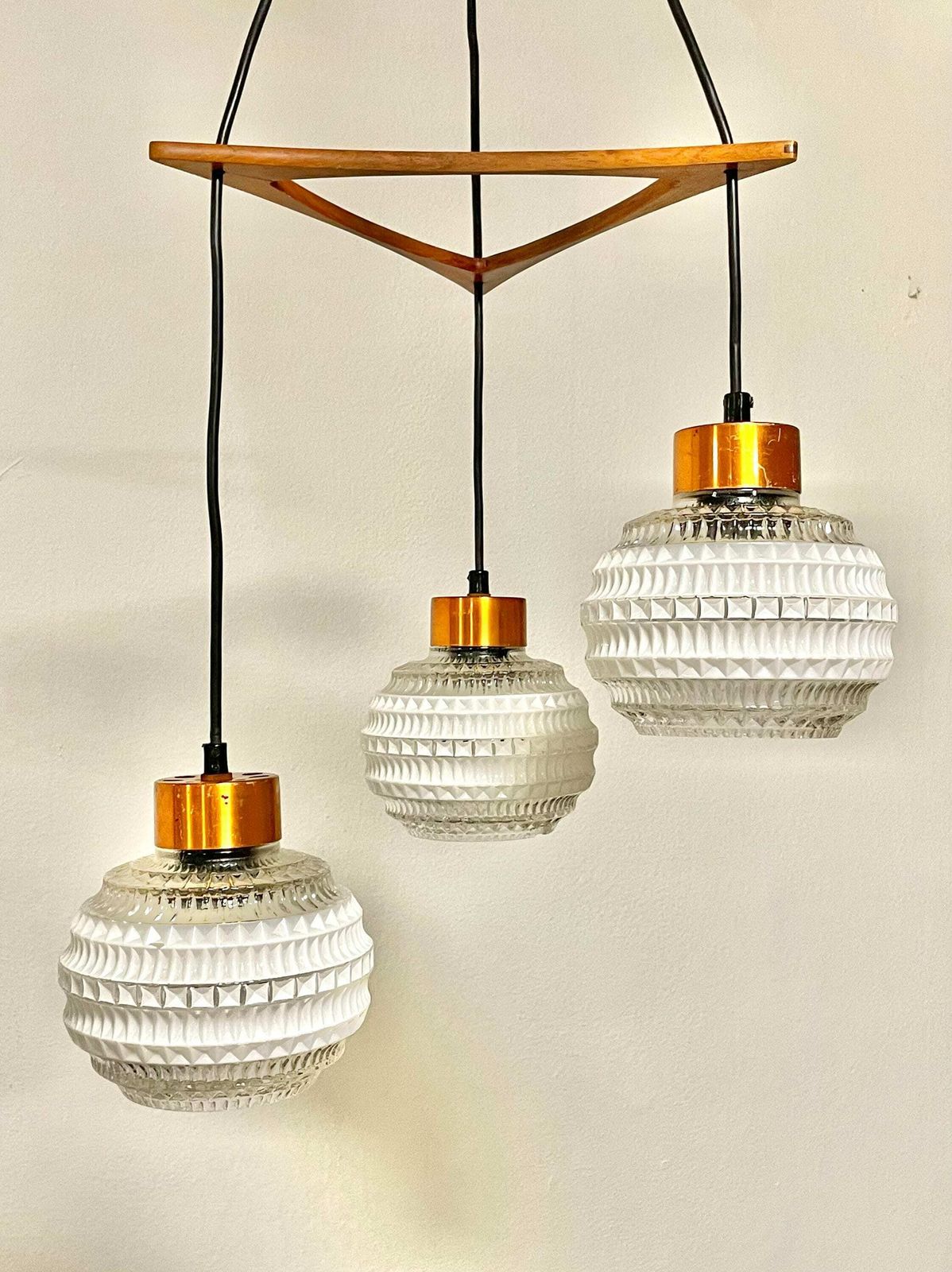 Danish Mid Century Modern Exclusive Vintage Tripple Glass And Wood Ceiling Lamp With Elegant Details And Gorgeous Design photo vinterior