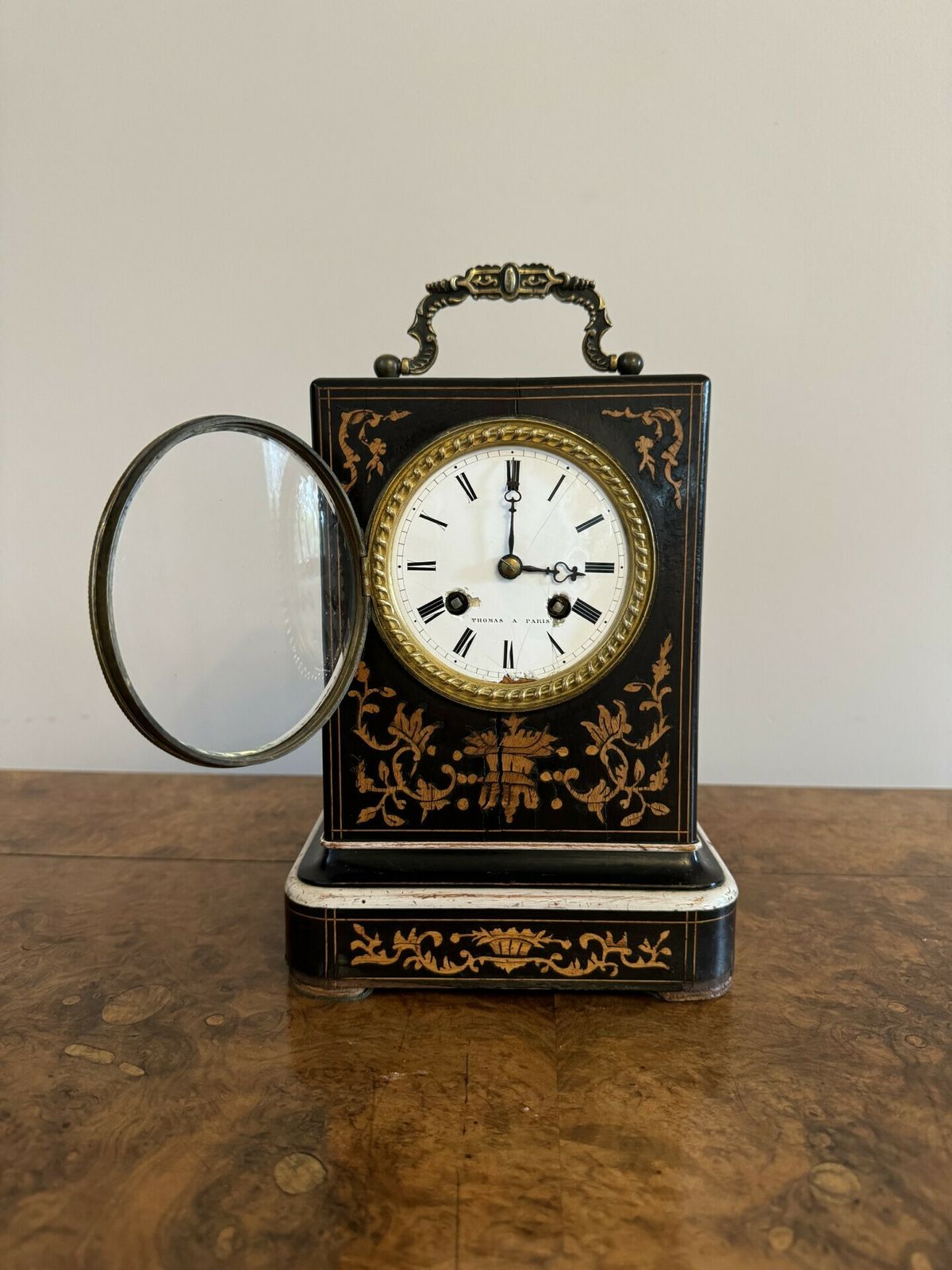 Fine Quality Antique 19th Century Marquetry Inlaid Mantle Clock By Thomas A Paris photo for sale