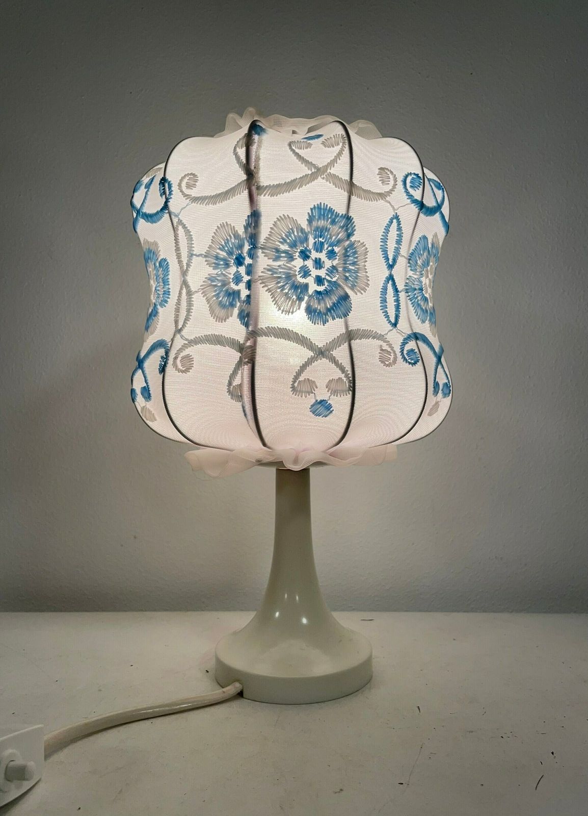 Cute German 1970s Mid Century White Plastic Table Lamp With Embroidery On Fabric Shade And Lace Details   Design By Aro Leuchte photo for sale