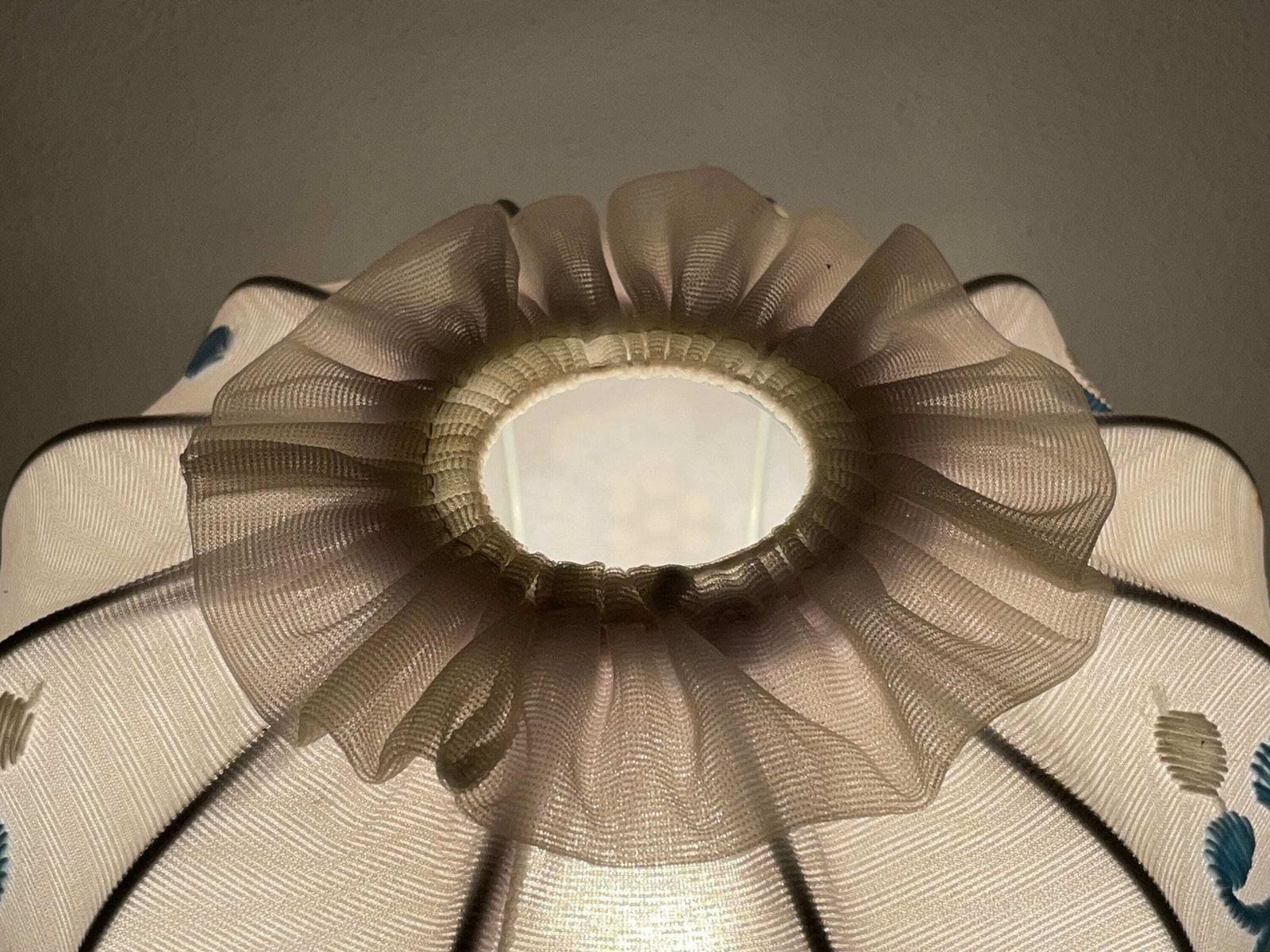 Cute German 1970s Mid Century White Plastic Table Lamp With Embroidery On Fabric Shade And Lace Details   Design By Aro Leuchte photo 192.0