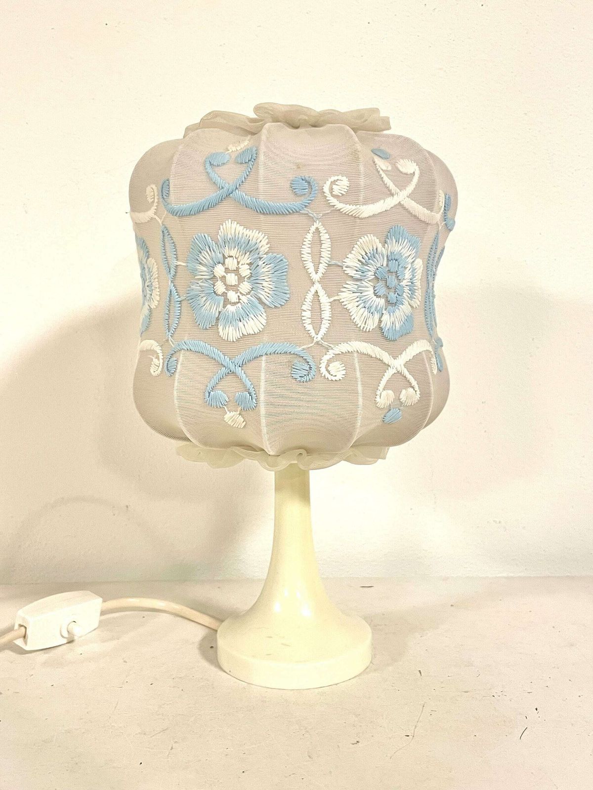 Cute German 1970s Mid Century White Plastic Table Lamp With Embroidery On Fabric Shade And Lace Details   Design By Aro Leuchte photo vinterior