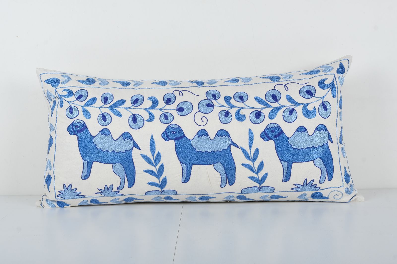Animal Motif Suzani Pillow, Vintage Embroidered Textile From Bukhara, Extra Long Camel Motif Suzani Cushion Cover