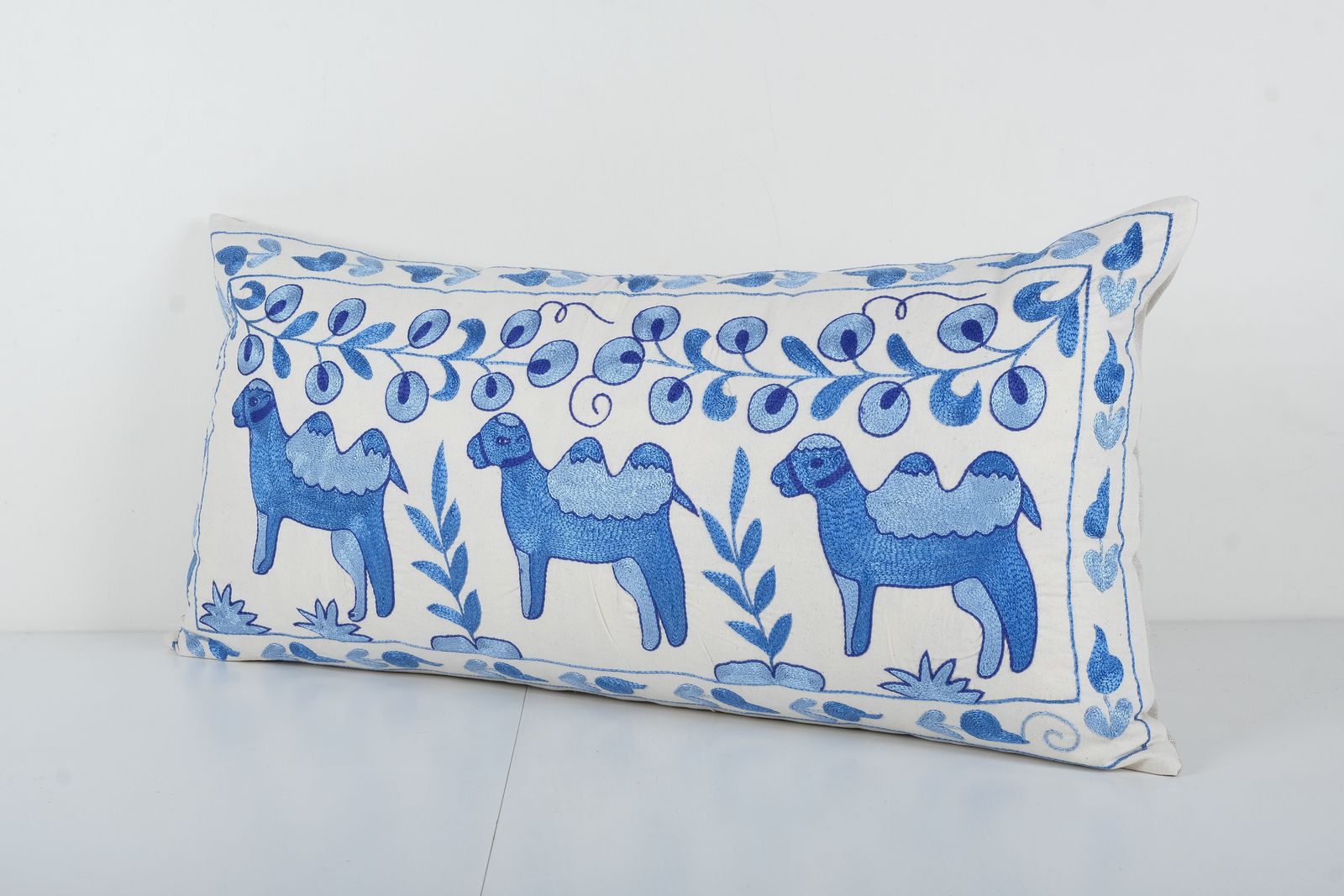 Animal Motif Suzani Pillow, Vintage Embroidered Textile From Bukhara, Extra Long Camel Motif Suzani Cushion Cover photo furniture