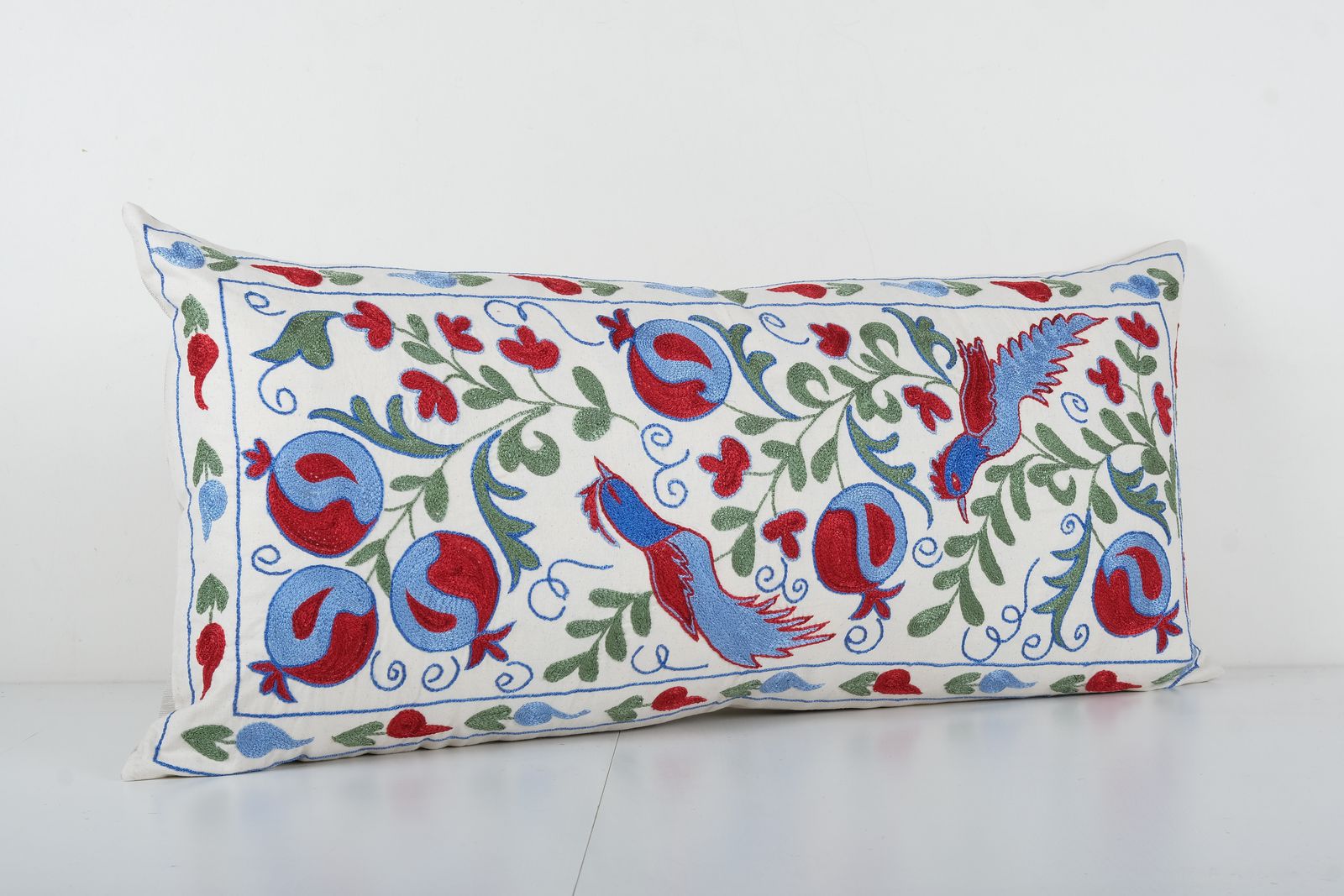 Vintage Long Animal Suzani Pillow Cover, Bird Motif Tribal Cushion Cover 1960s Handmade Samarkand Uzbek Suzani Textile Art photo for sale