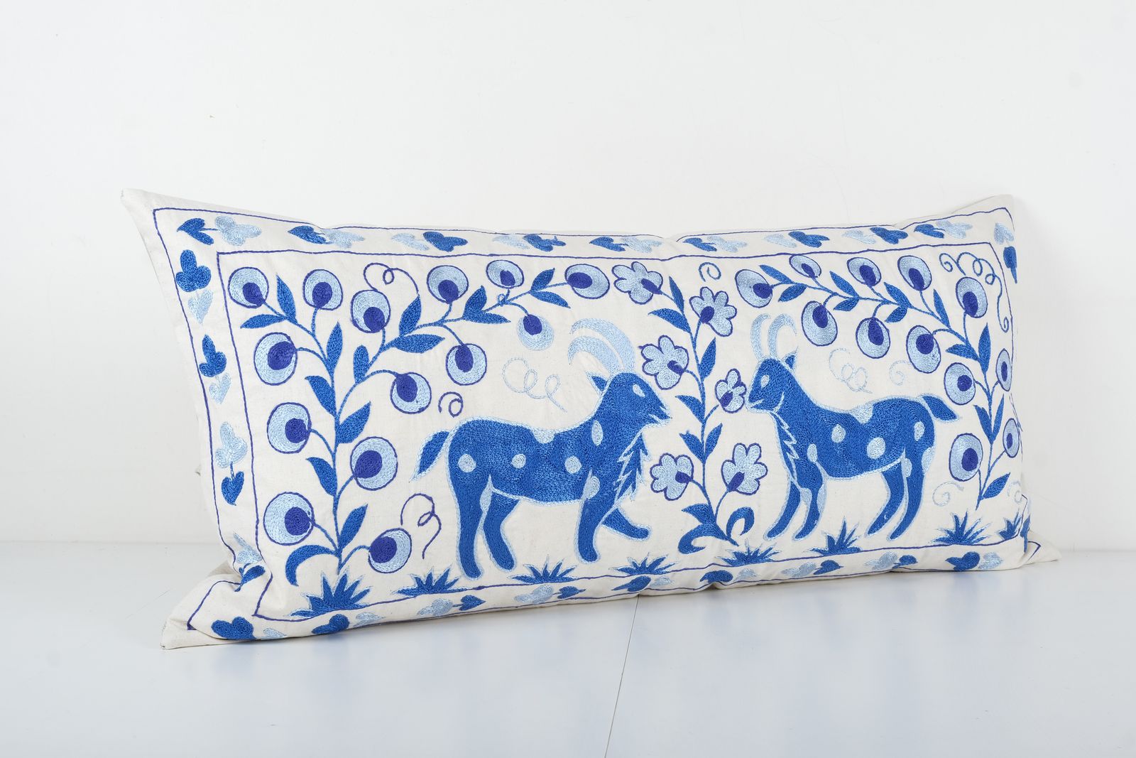 19th Century Suzani Cushion Cover   Authentic Uzbekistan Bedding With Animal Motifs   Ethnic Lumbar Pillow photo furniture