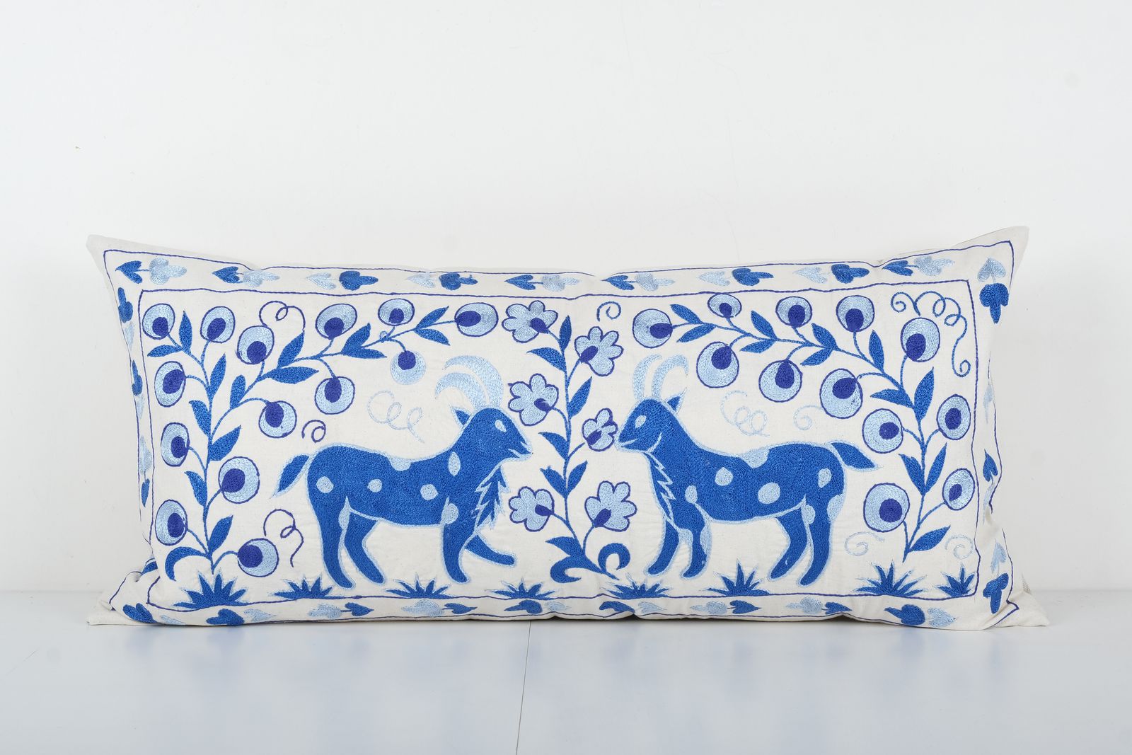 19th Century Suzani Cushion Cover   Authentic Uzbekistan Bedding With Animal Motifs   Ethnic Lumbar Pillow