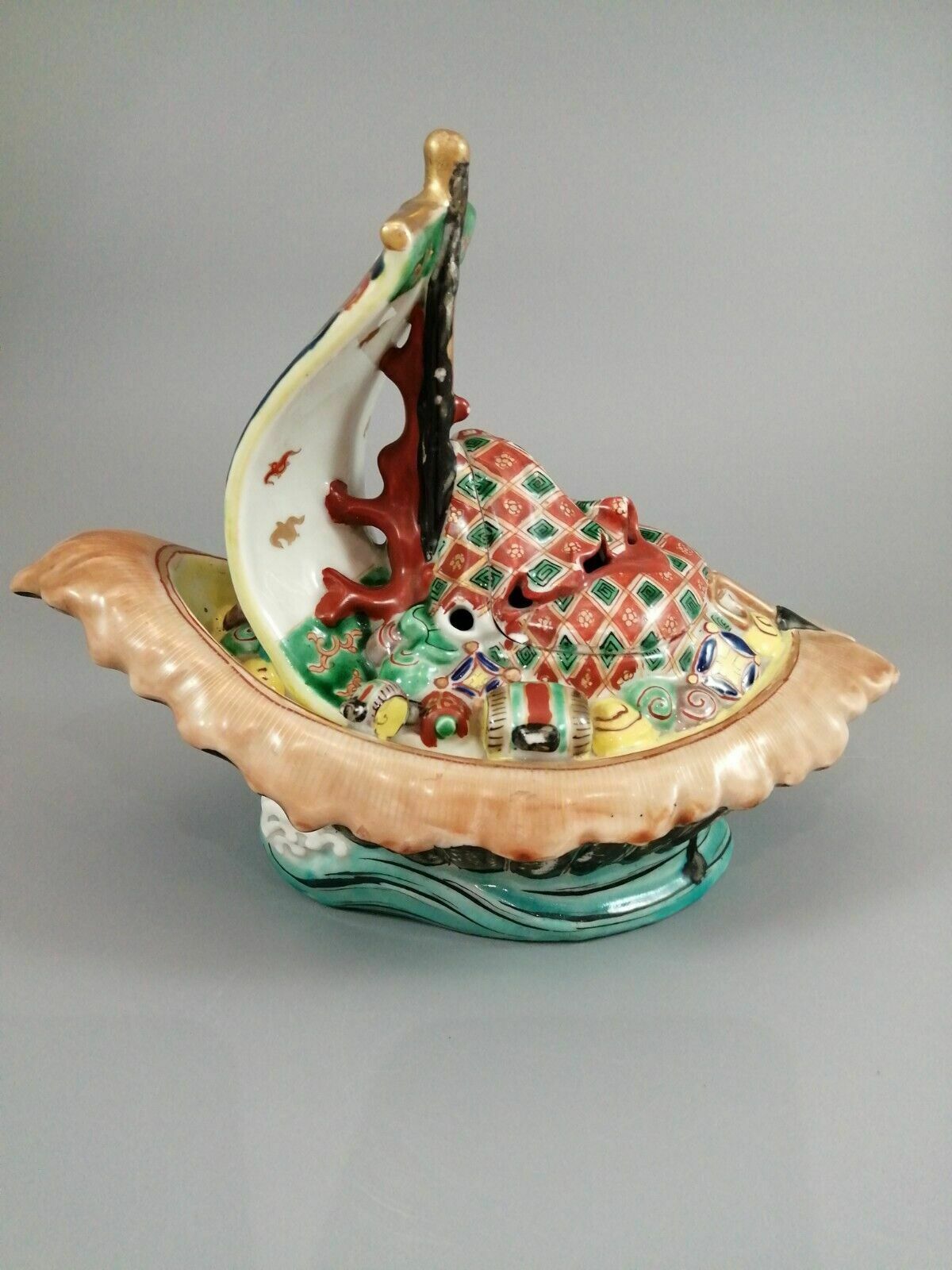 Japanese Kutani Censer In The Shape Of A Treasure Ship, Takarabune, Meiji Period photo vintage