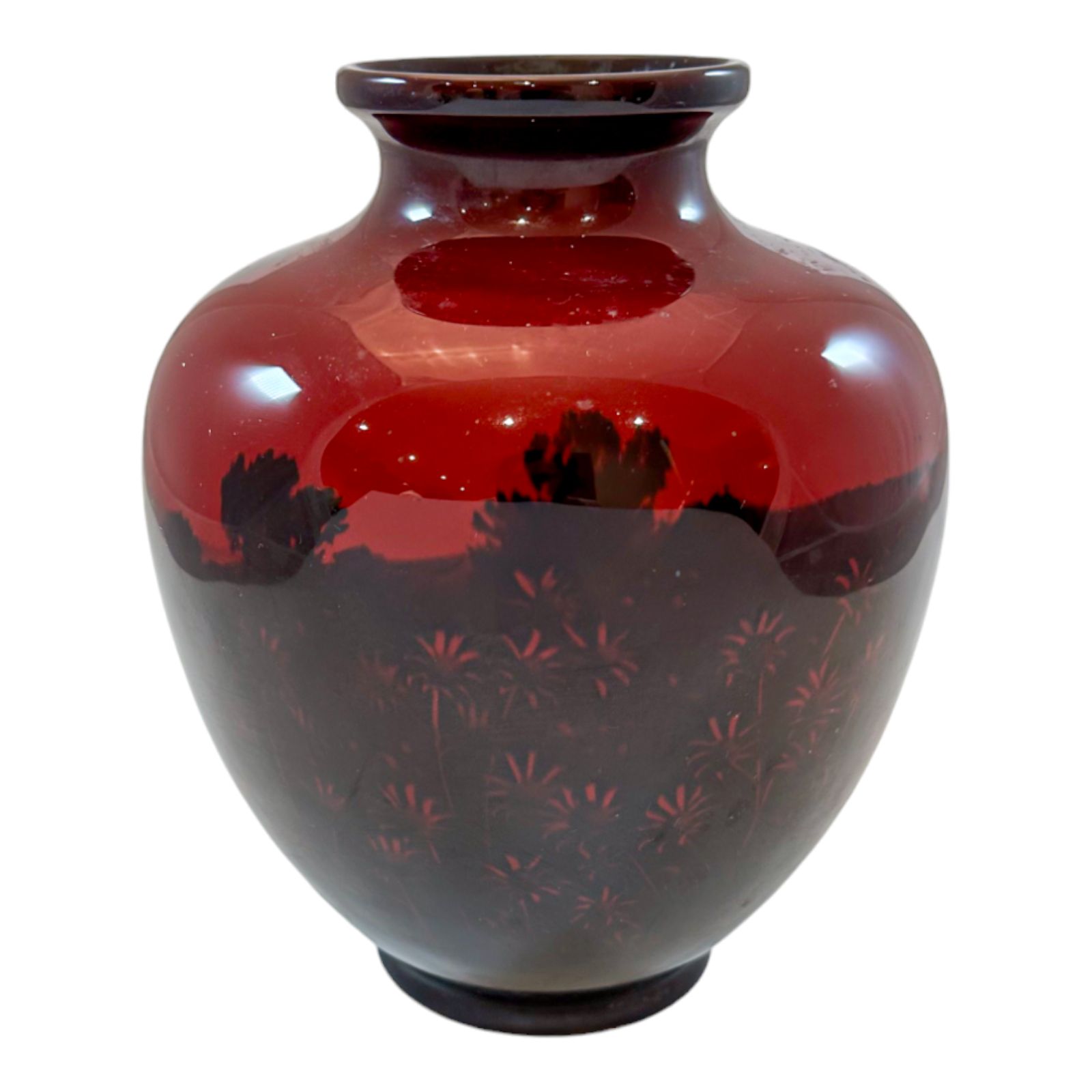 200.0 Art Deco Pair Red Flambe Folk Porcelain Urns Vases, Charles Noke, Royal Doulton photo