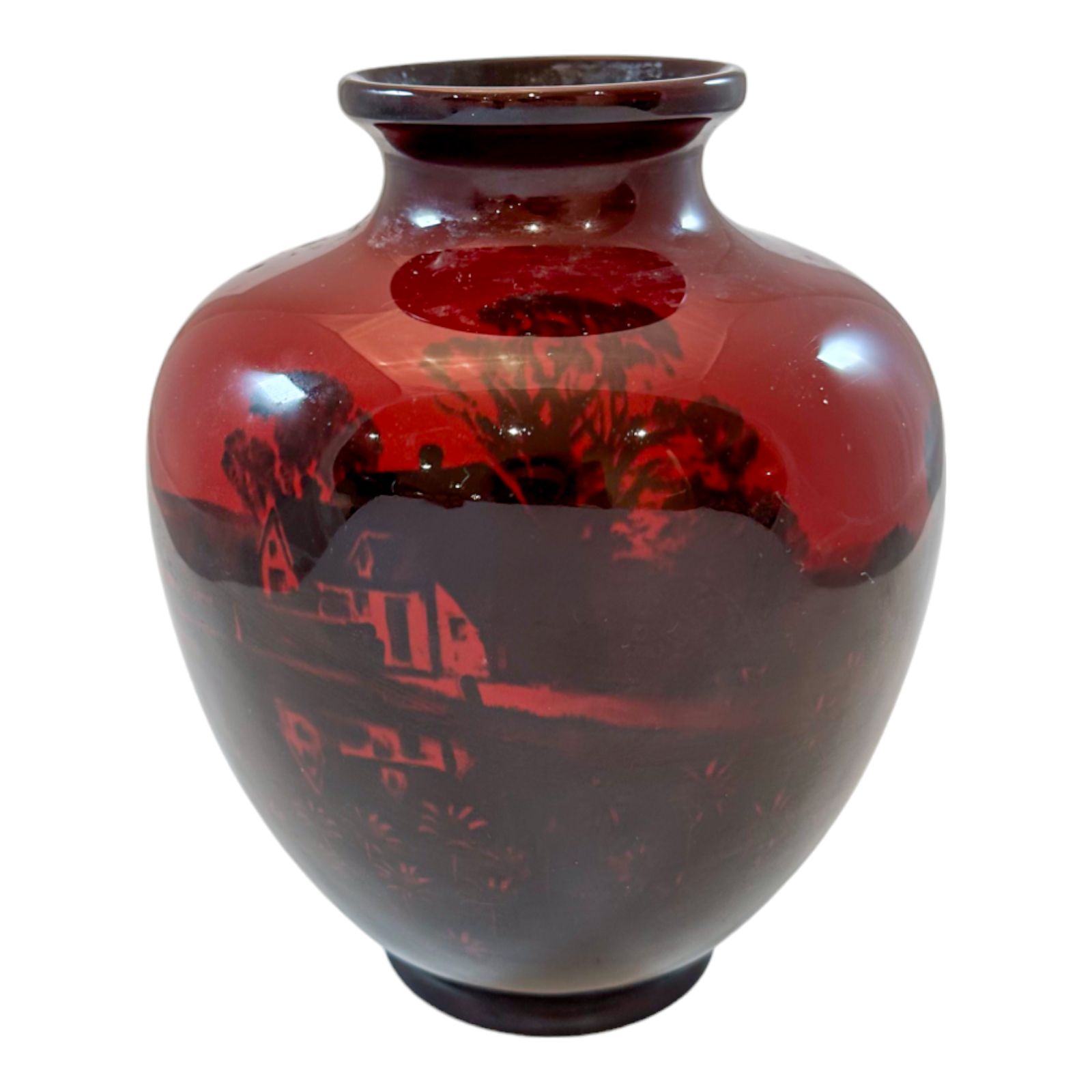 photo vinterior Art Deco Pair Red Flambe Folk Porcelain Urns Vases, Charles Noke, Royal Doulton