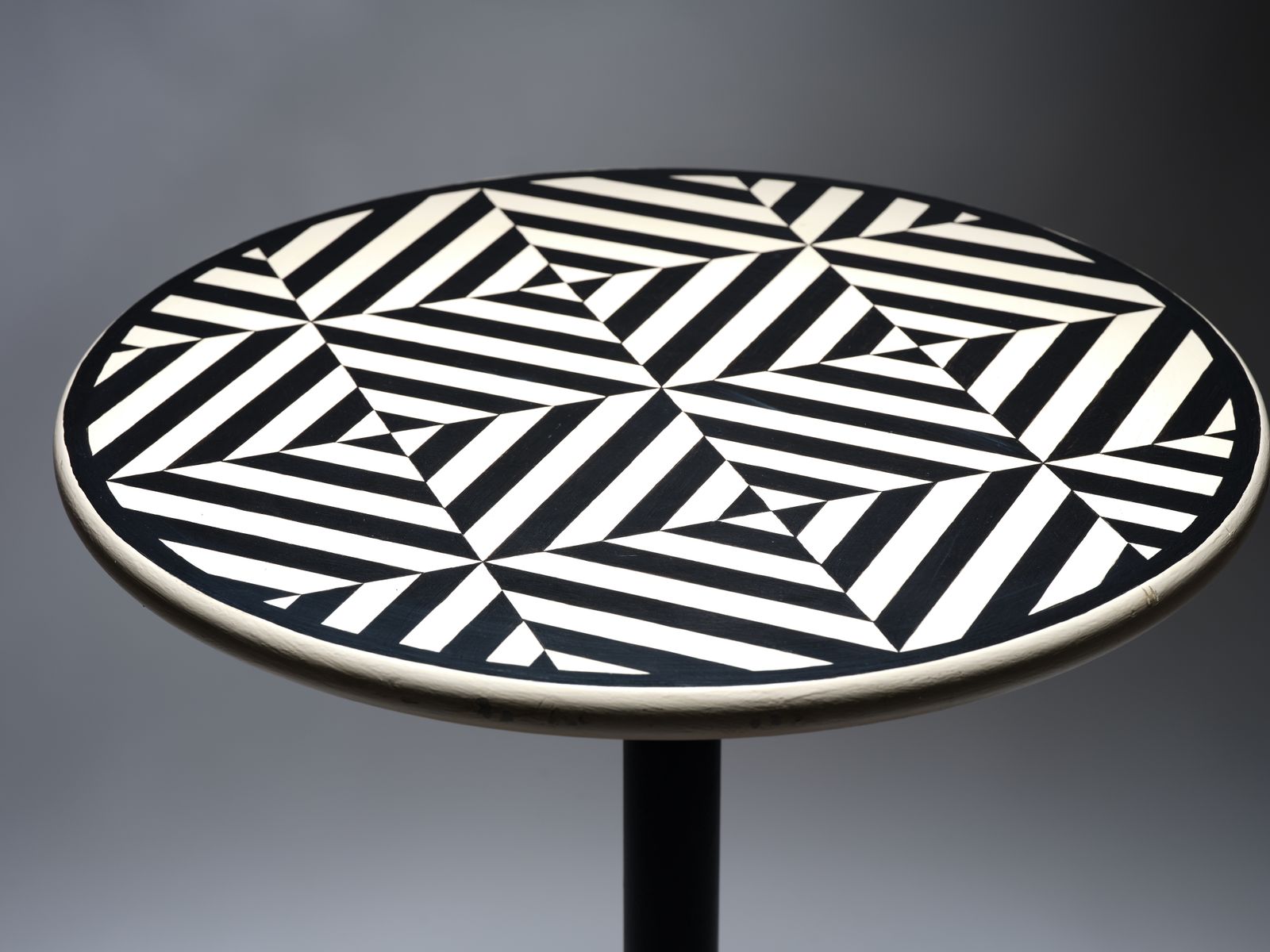 Delightful Hand Painted Geometric Bistro Tables, With Metal Base. England Circa 1980's photo for sale