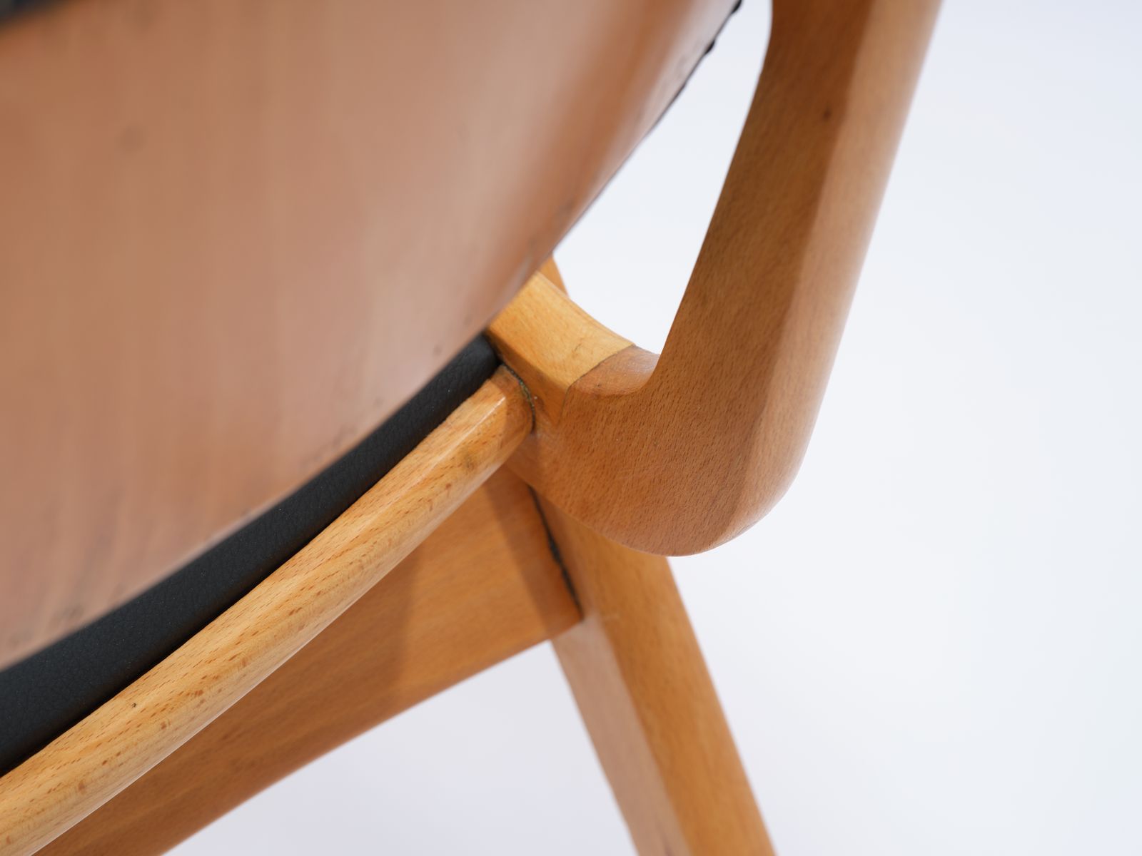 photo for sale Vintage Stackable Beech 'Ben Cafe Chair' Reupholstered In Soft Expresso Leather With Stud Detailing, Circa 1960's, 8 Available.