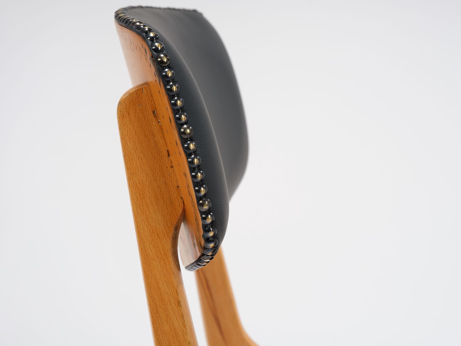 photo buy Vintage Stackable Beech 'Ben Cafe Chair' Reupholstered In Soft Expresso Leather With Stud Detailing, Circa 1960's, 8 Available.