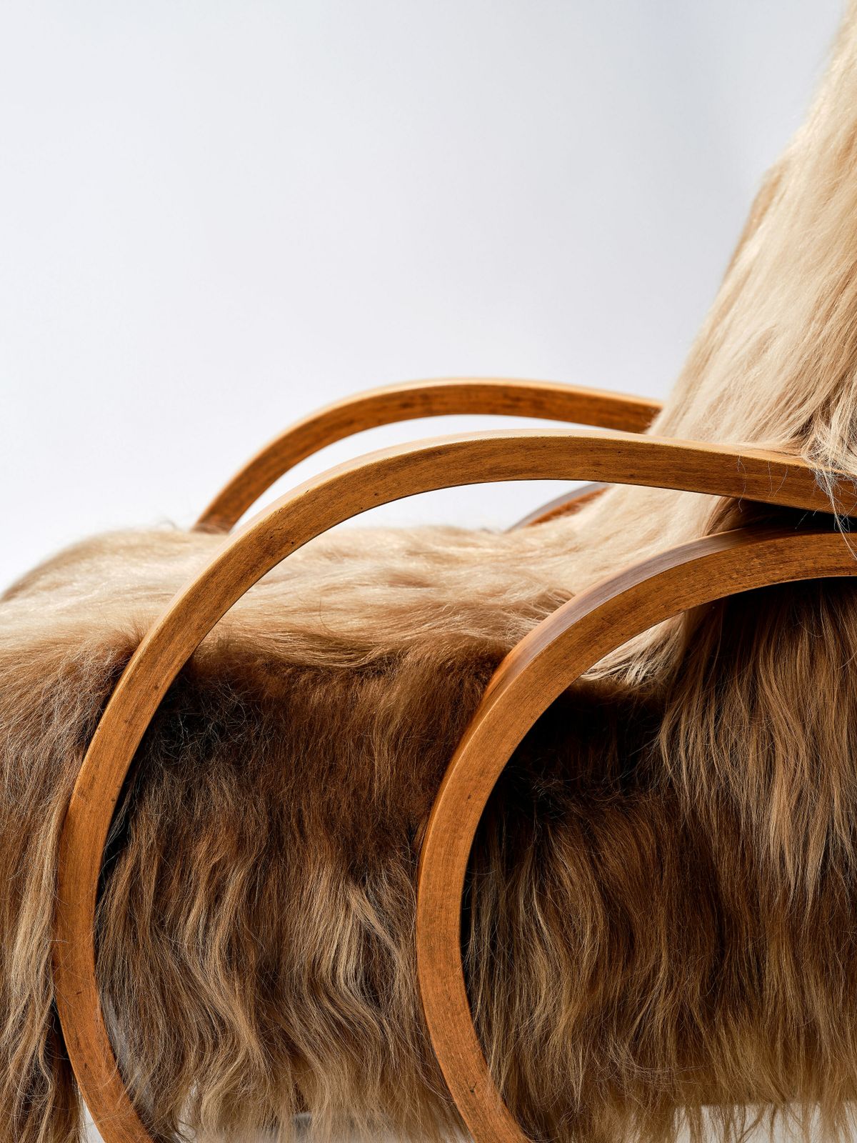 3895.0 Unique & Rare Modernist Deco ‘Famulus’ By J P Hully Bentwood Sprung Seated Armchair Wrapped In Icelandic Sheepskin & Cognac Leather. Circa 1930s photo