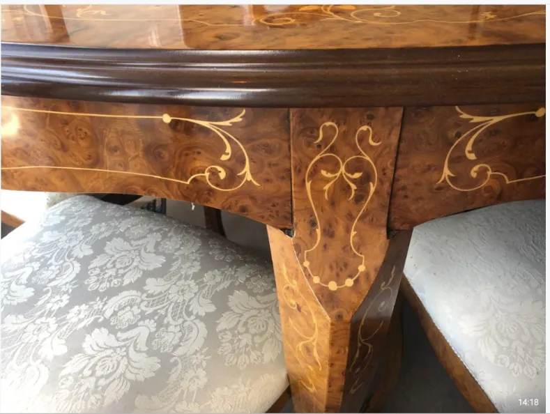 Italian Elegant Dinner Table, Intarsia Like Flower Motif, Golden Metal Adornment On Legs And Chairs photo furniture