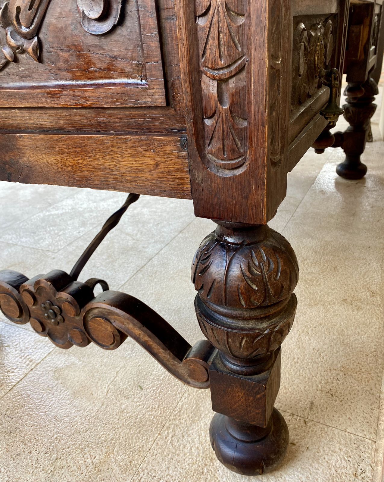 photo furniture 19th Century French Renaissance Hand Carved Desk Or Writing Table With Carved Structure And Iron Stretcher