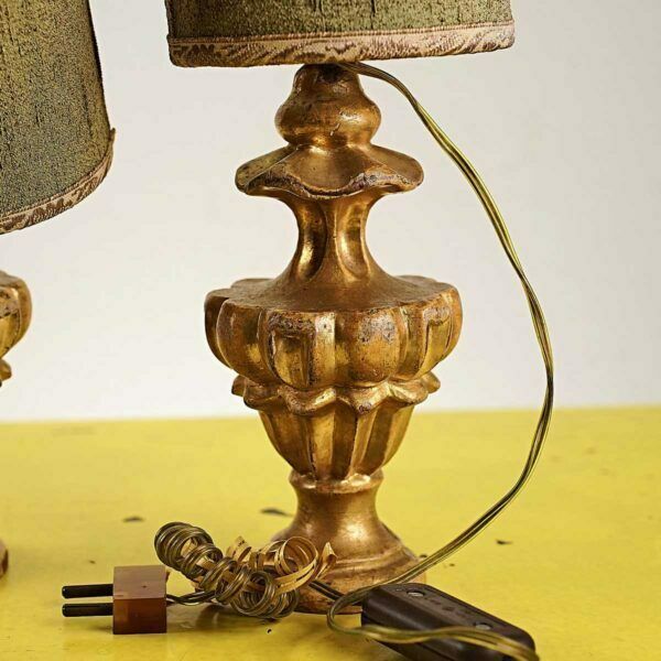 Pair Of Antique Golden Lamps, Wooden Palm Holder photo Lighting