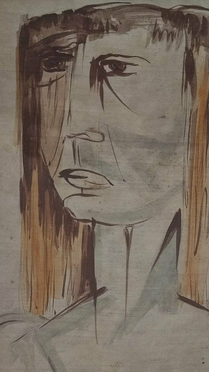 Work By Giuseppe Migneco, Tempera On Canvas Cardboard From 1960, Woman's Face In Profile photo 2492.0