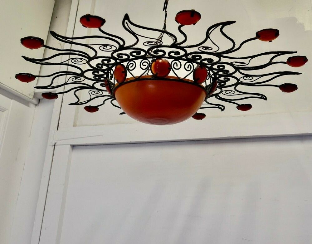 Large 1960s Moroccan Wrought Iron Sun Lamp Shade