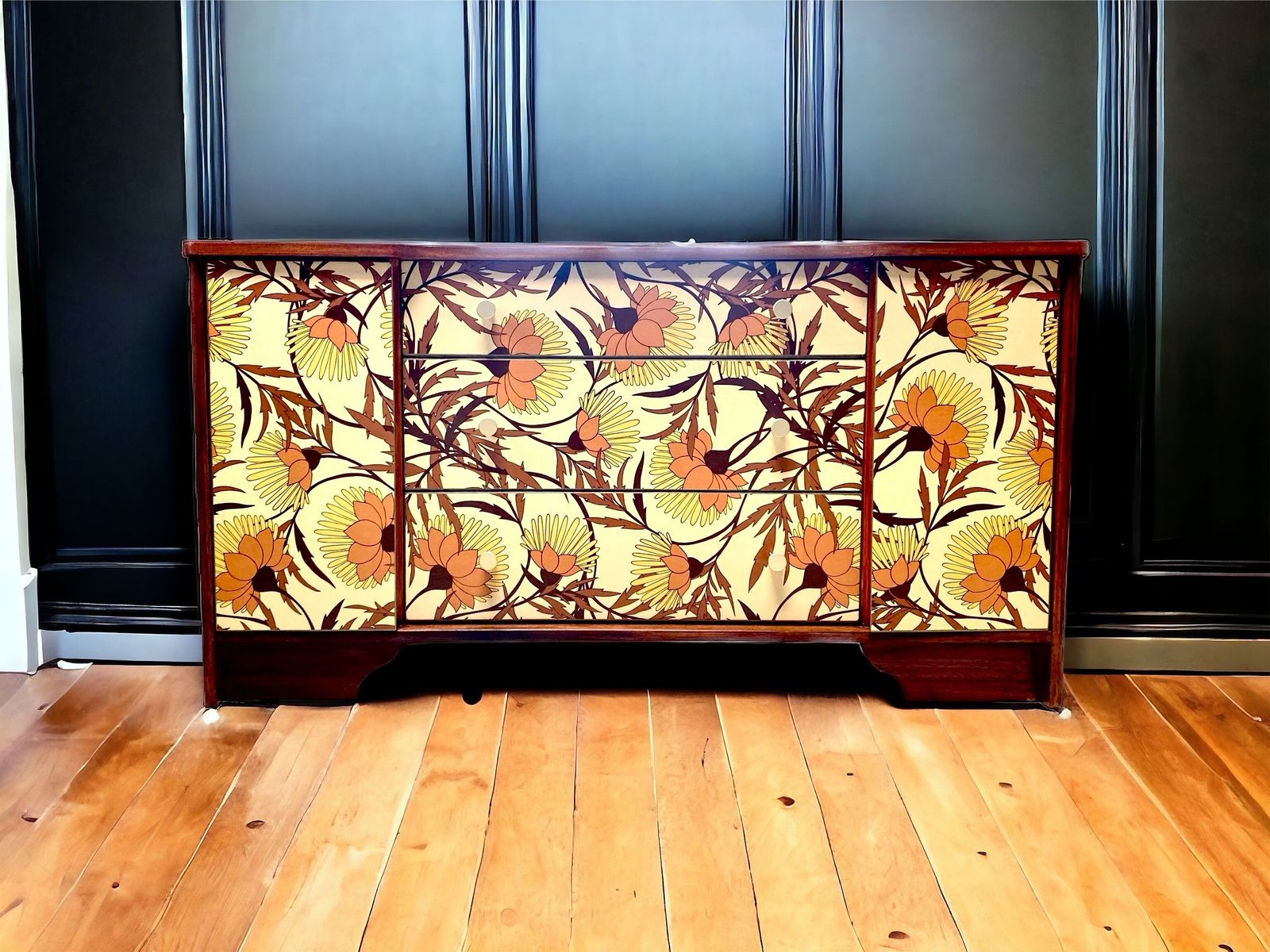 Furniture Upcycled Vintage Mid Century Sideboard, Tv Unit , 1970's Floral Print , Living Room, Dining Room Storage. photo