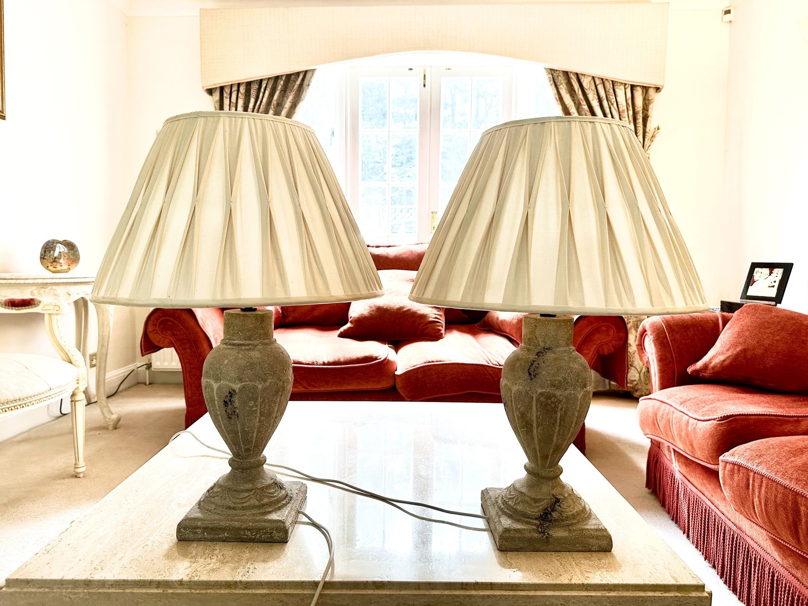 Matching Pair Of Ornate Stone Lamps &  Pleated Cream Lampshades photo for sale