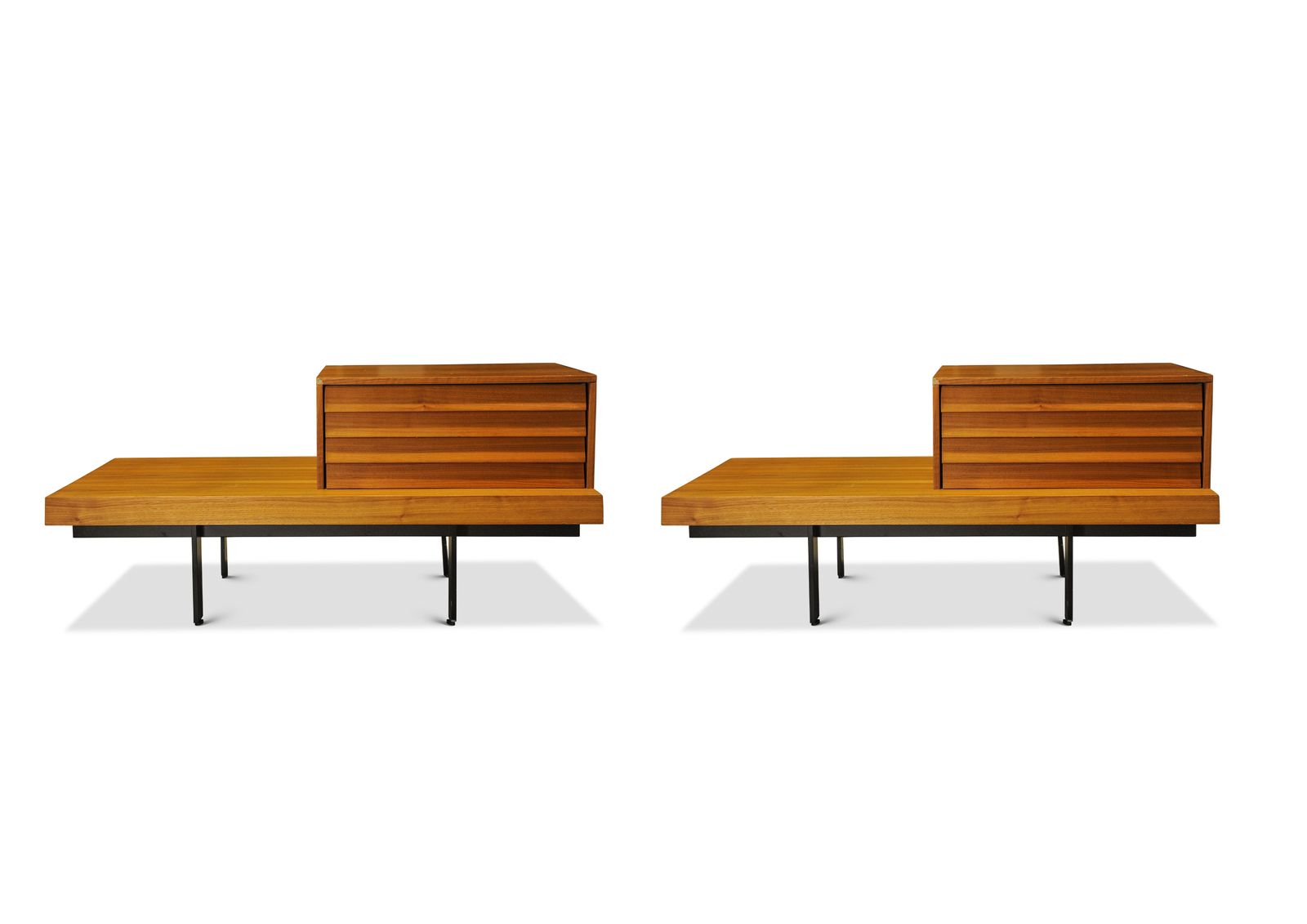 Pair Of Punt Mobles Side Tables With Louvre Effect Drawers Upon Metal Bases Made In Spain Ol