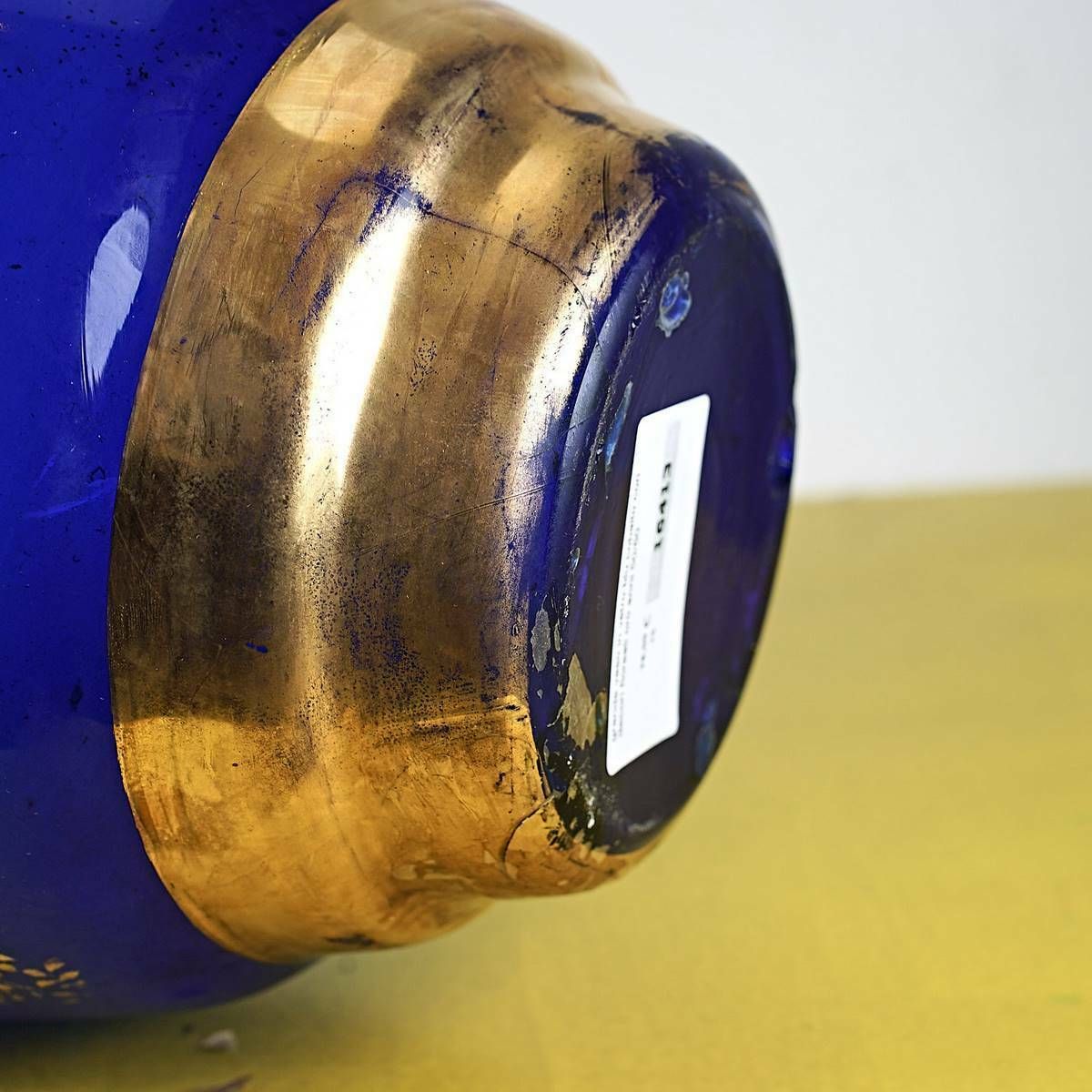 Large Cobalt Blue Glass Vase With Gold Floral Decorations From The 1950s/60s photo 128.0