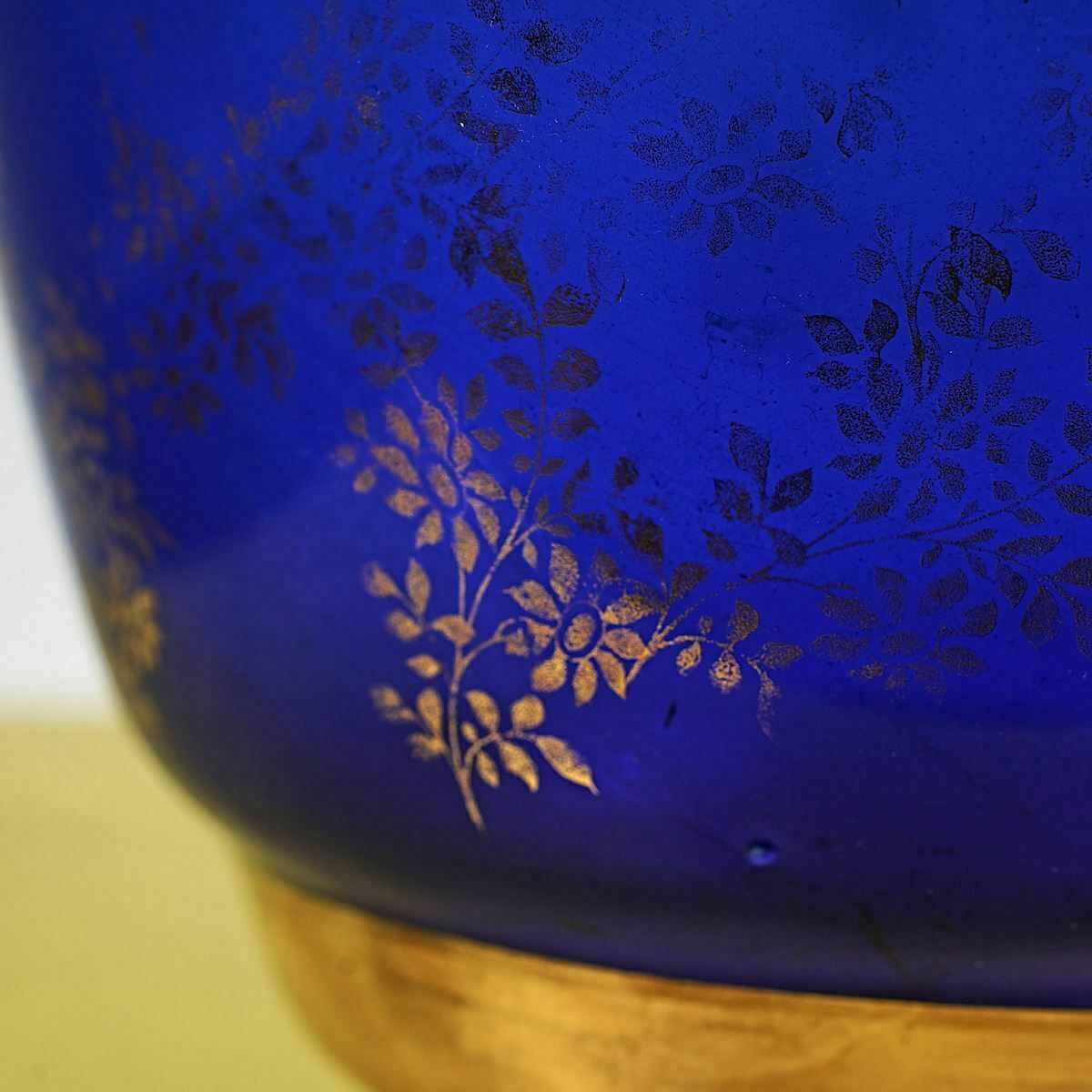 Large Cobalt Blue Glass Vase With Gold Floral Decorations From The 1950s/60s photo vinterior