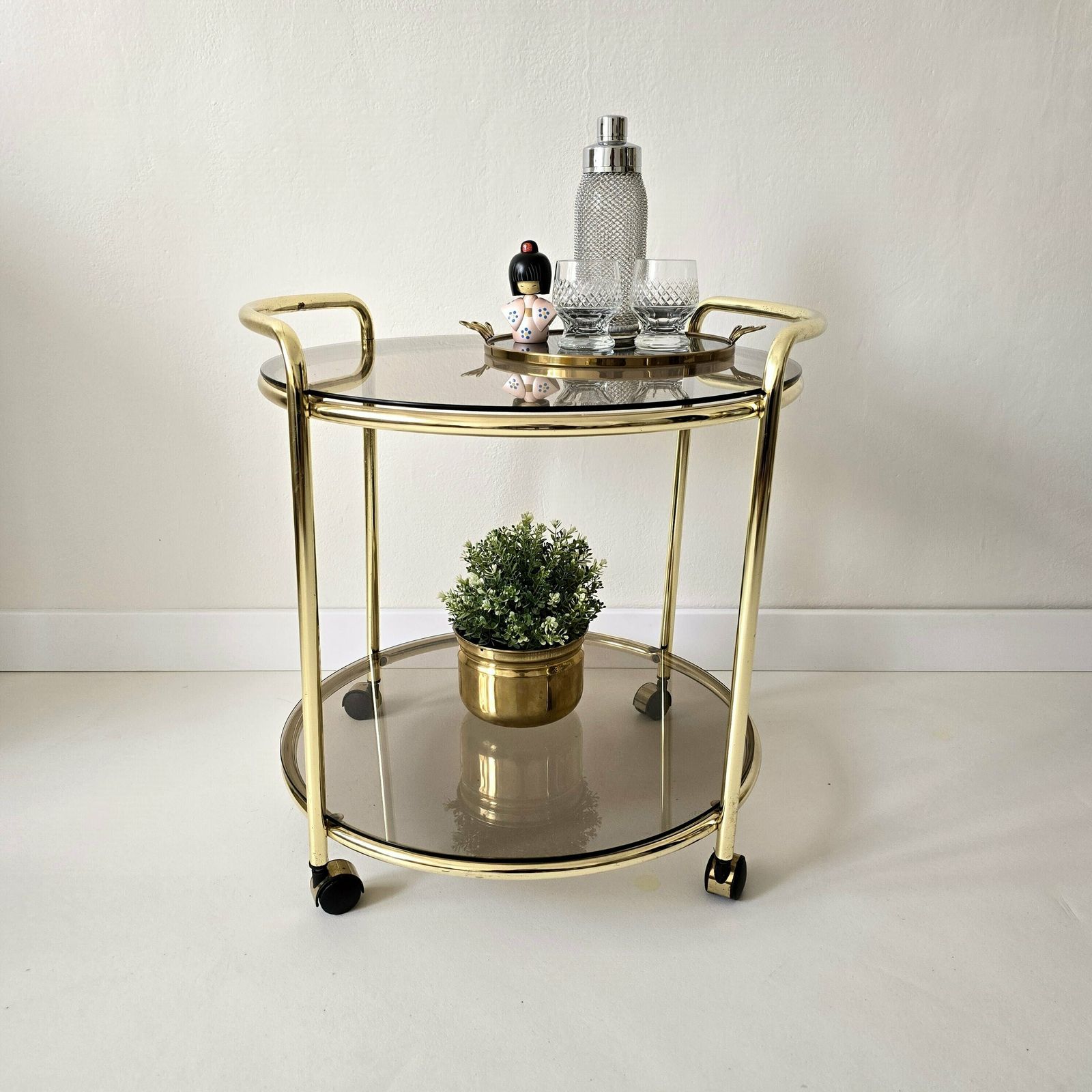 Vintage Mid Century Modern Trolley Brass Bar Cart With Smoked Glasses
