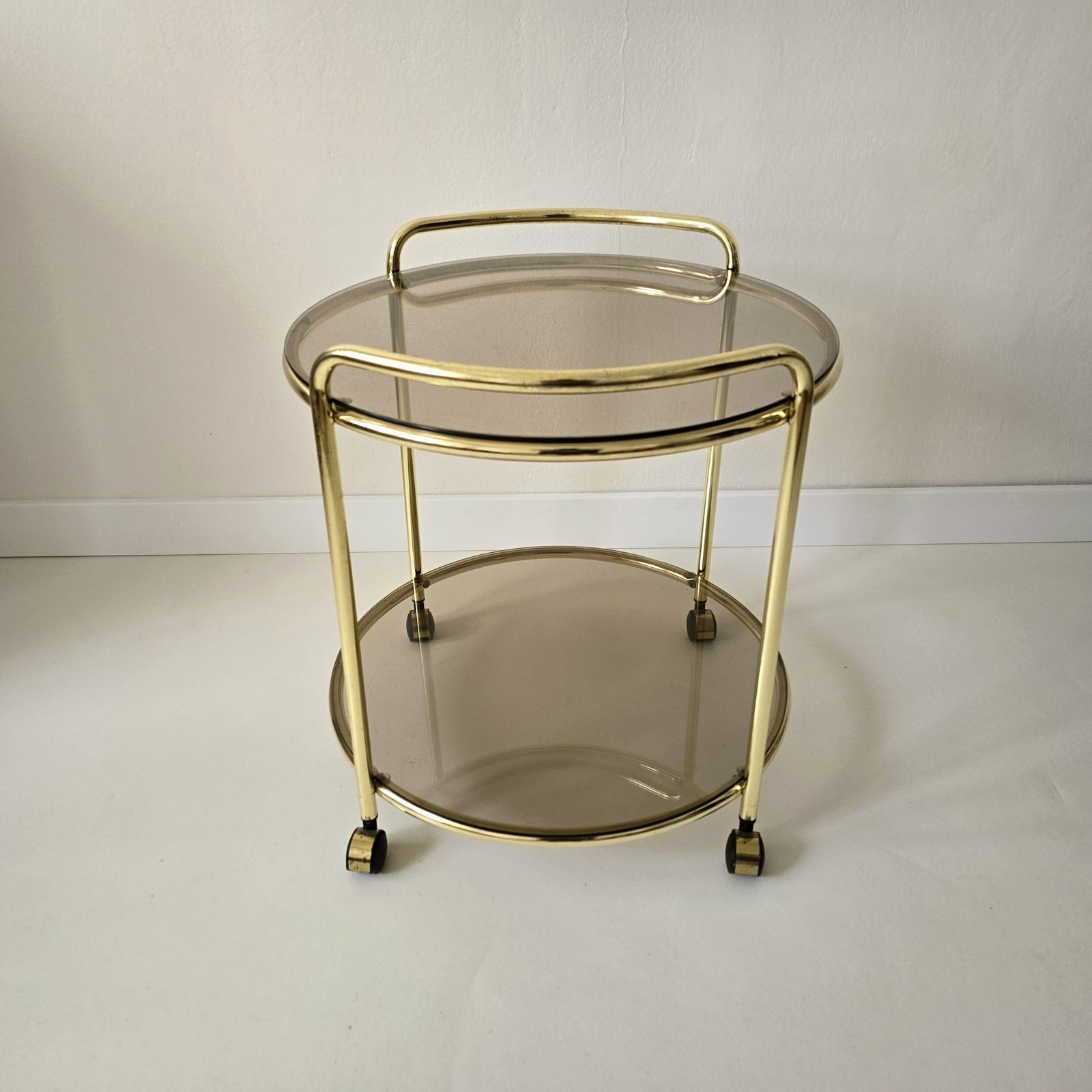 photo for sale Vintage Mid Century Modern Trolley Brass Bar Cart With Smoked Glasses