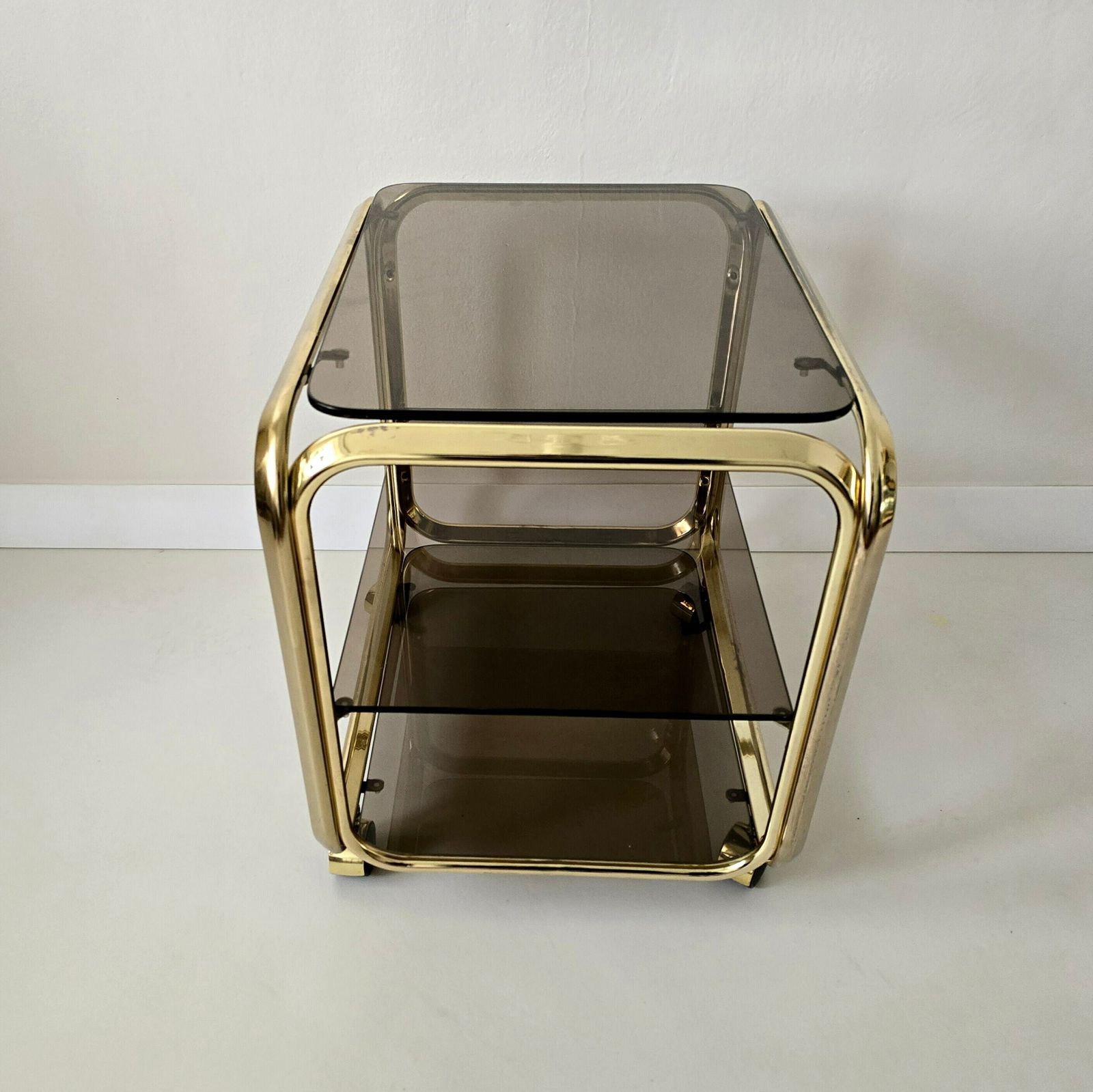 Vintage Hollywood Regency Brass/Smoked Glass Bar Cart photo vintage